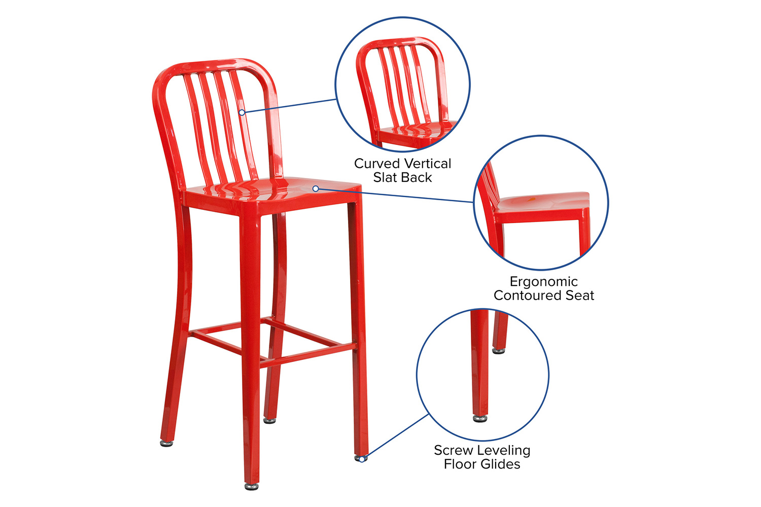 BLNK Gael Commercial Metal Indoor-Outdoor Bar Stool with Vertical Slat Back - Red