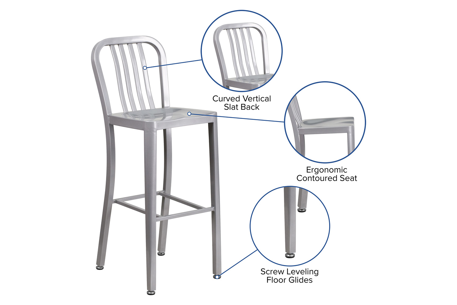 BLNK Gael Commercial Metal Indoor-Outdoor Bar Stool with Vertical Slat Back - Silver