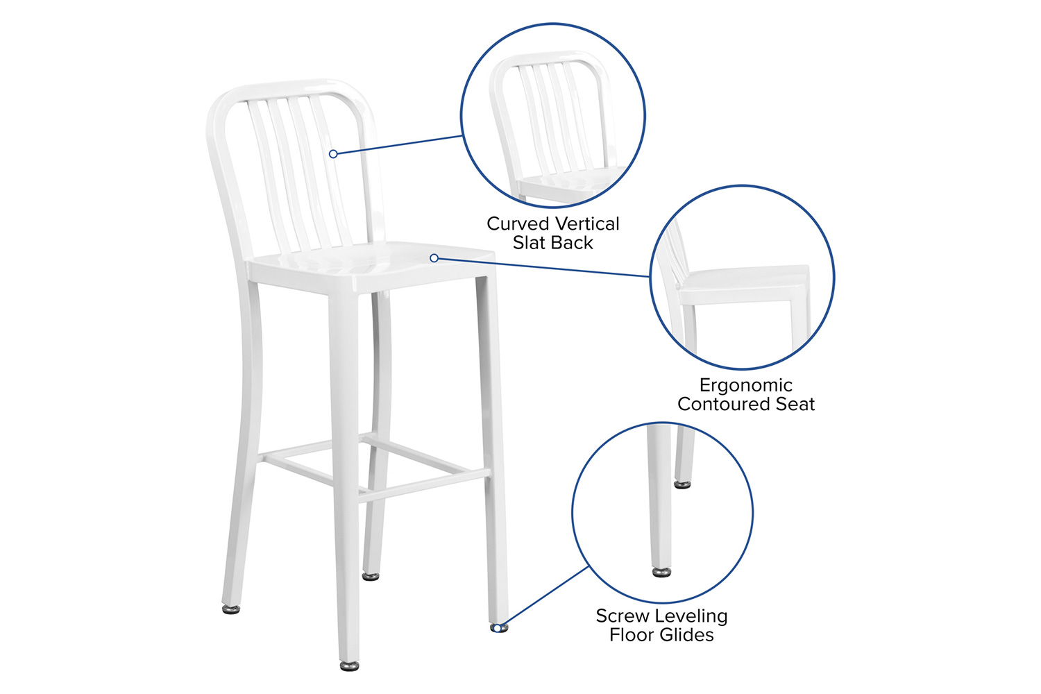 BLNK Gael Commercial Metal Indoor-Outdoor Bar Stool with Vertical Slat Back - White