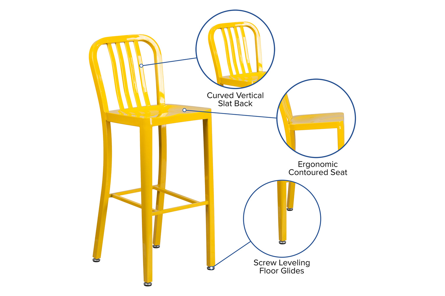 BLNK Gael Commercial Metal Indoor-Outdoor Bar Stool with Vertical Slat Back - Yellow