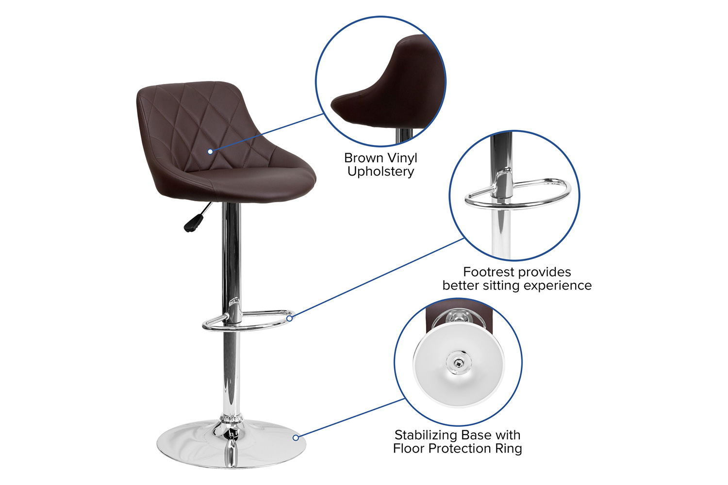 BLNK Dale Contemporary Vinyl Bucket Seat Adjustable Height Bar Stool with Diamond Pattern Back and Chrome Base - Brown