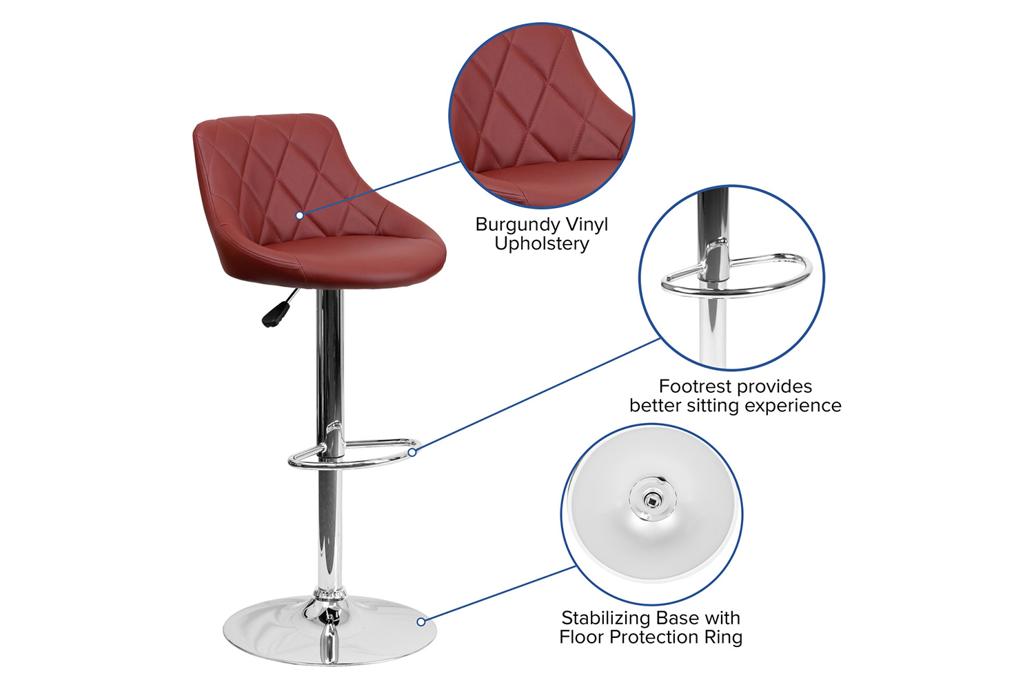 BLNK™ Dale Contemporary Vinyl Bucket Seat Adjustable Height Bar Stool with Diamond Pattern Back and Chrome Base - Burgundy