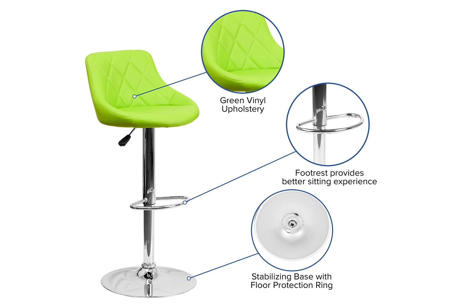 BLNK Dale Contemporary Vinyl Bucket Seat Adjustable Height Bar Stool with Diamond Pattern Back and Chrome Base - Green