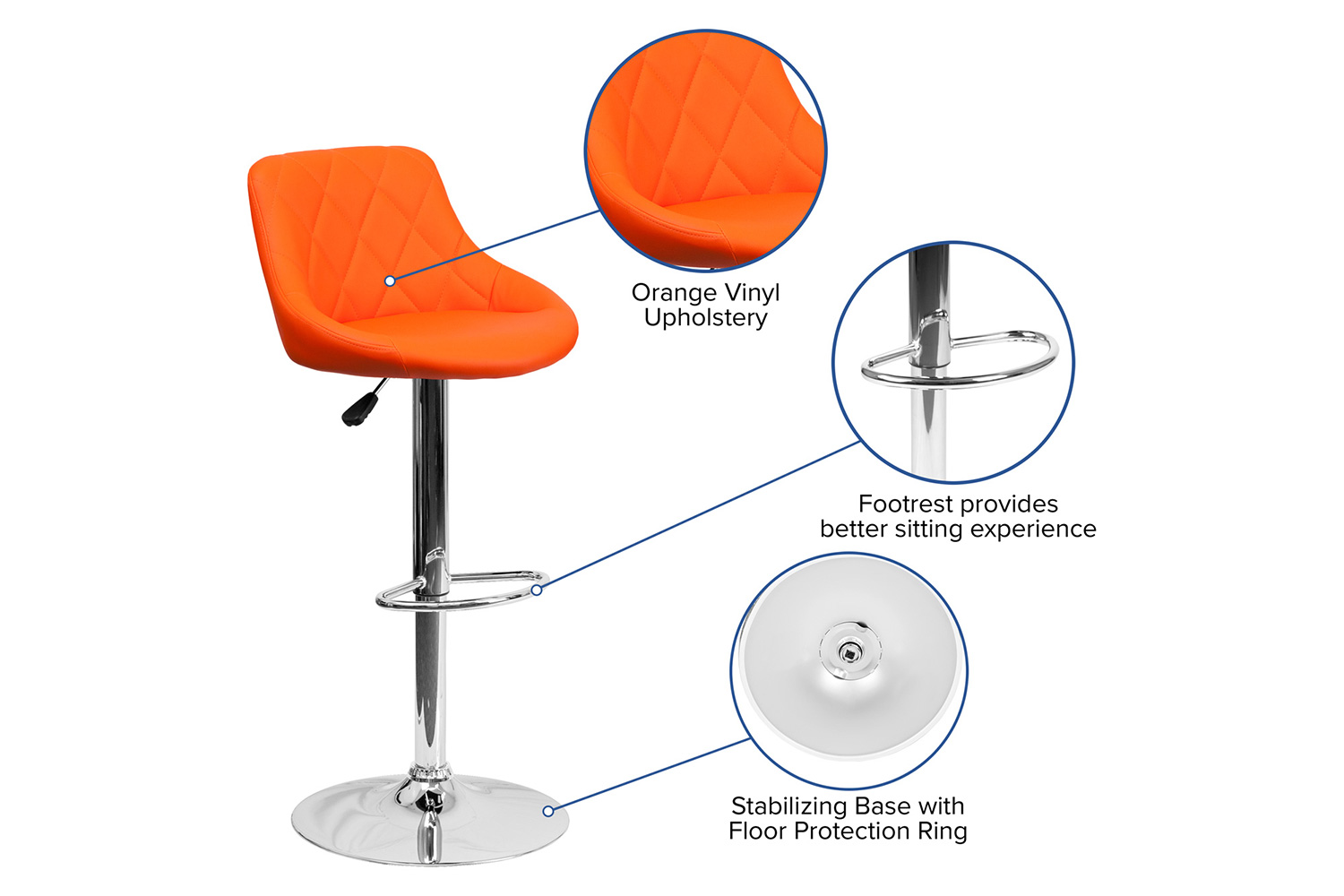 BLNK Dale Contemporary Vinyl Bucket Seat Adjustable Height Bar Stool with Diamond Pattern Back and Chrome Base - Orange