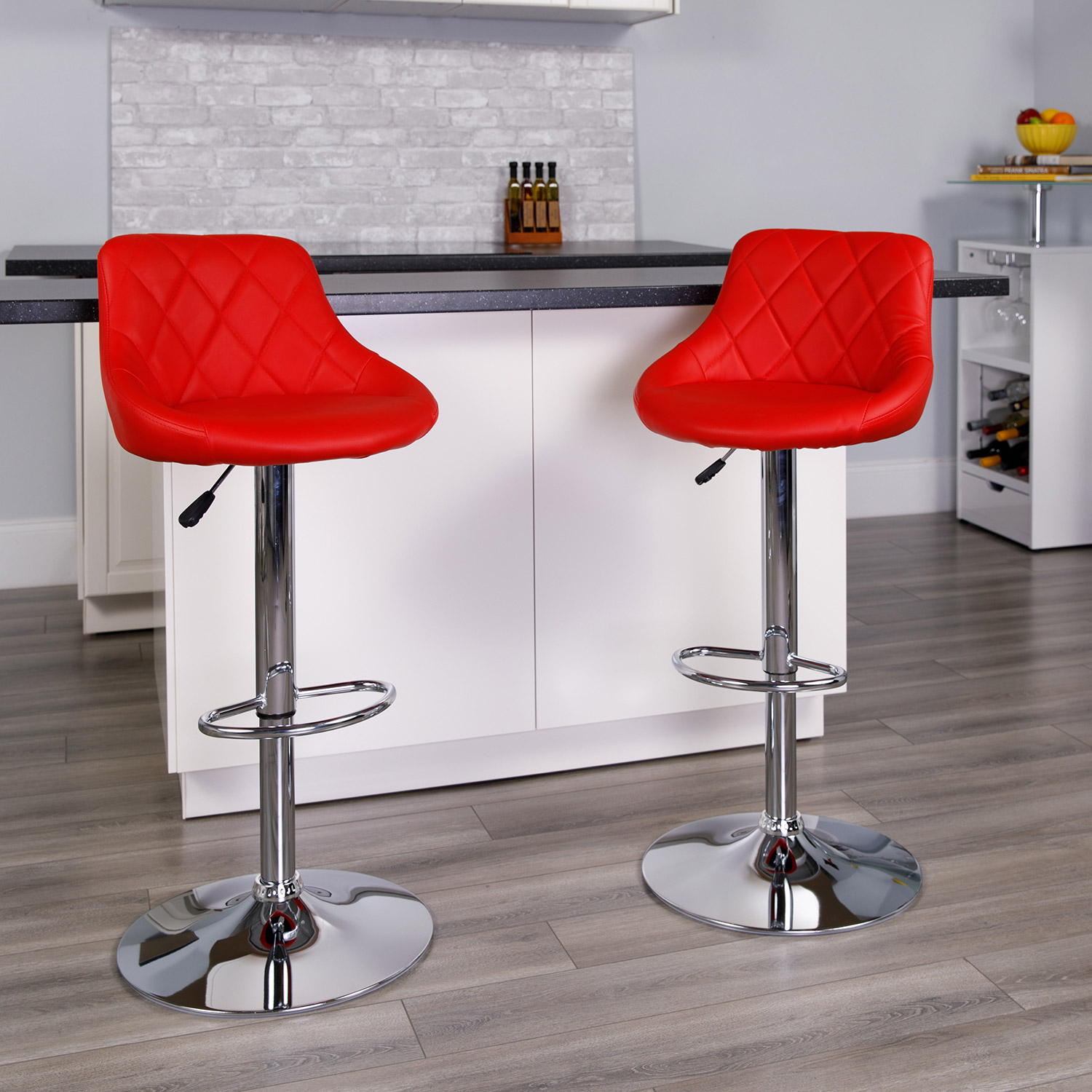 BLNK Dale Contemporary Vinyl Bucket Seat Adjustable Height Bar Stool with Diamond Pattern Back and Chrome Base