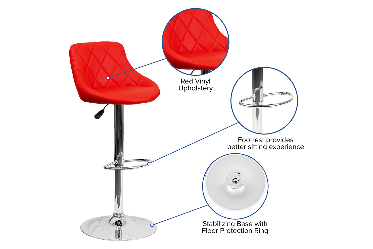 BLNK Dale Contemporary Vinyl Bucket Seat Adjustable Height Bar Stool with Diamond Pattern Back and Chrome Base - Red