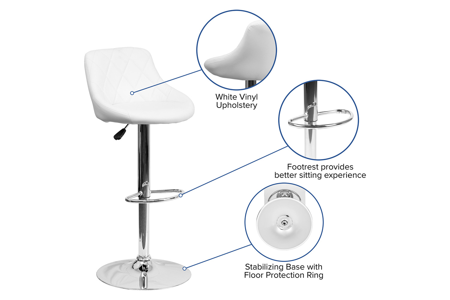 BLNK Dale Contemporary Vinyl Bucket Seat Adjustable Height Bar Stool with Diamond Pattern Back and Chrome Base - White