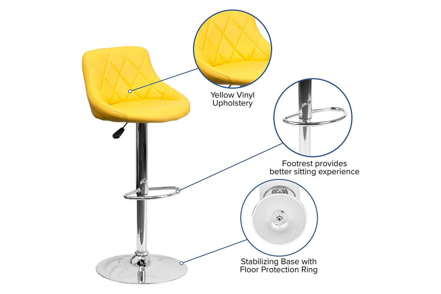 BLNK™ Dale Contemporary Vinyl Bucket Seat Adjustable Height Bar Stool with Diamond Pattern Back and Chrome Base - Yellow