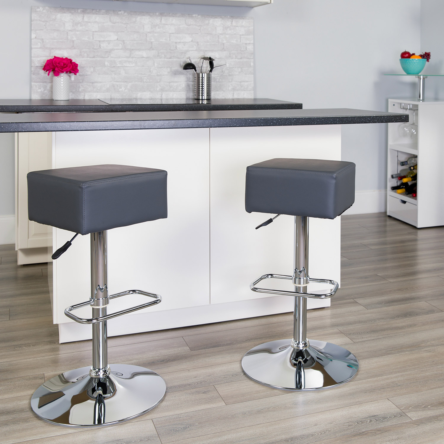 BLNK Farley Vinyl Adjustable Height Bar Stool with Square Seat and Chrome Base