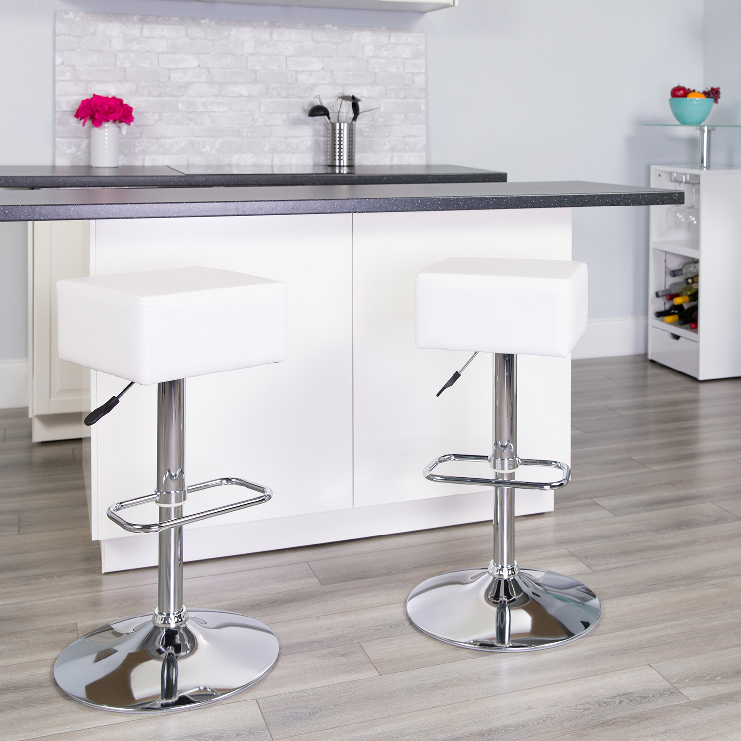 BLNK Farley Vinyl Adjustable Height Bar Stool with Square Seat and Chrome Base