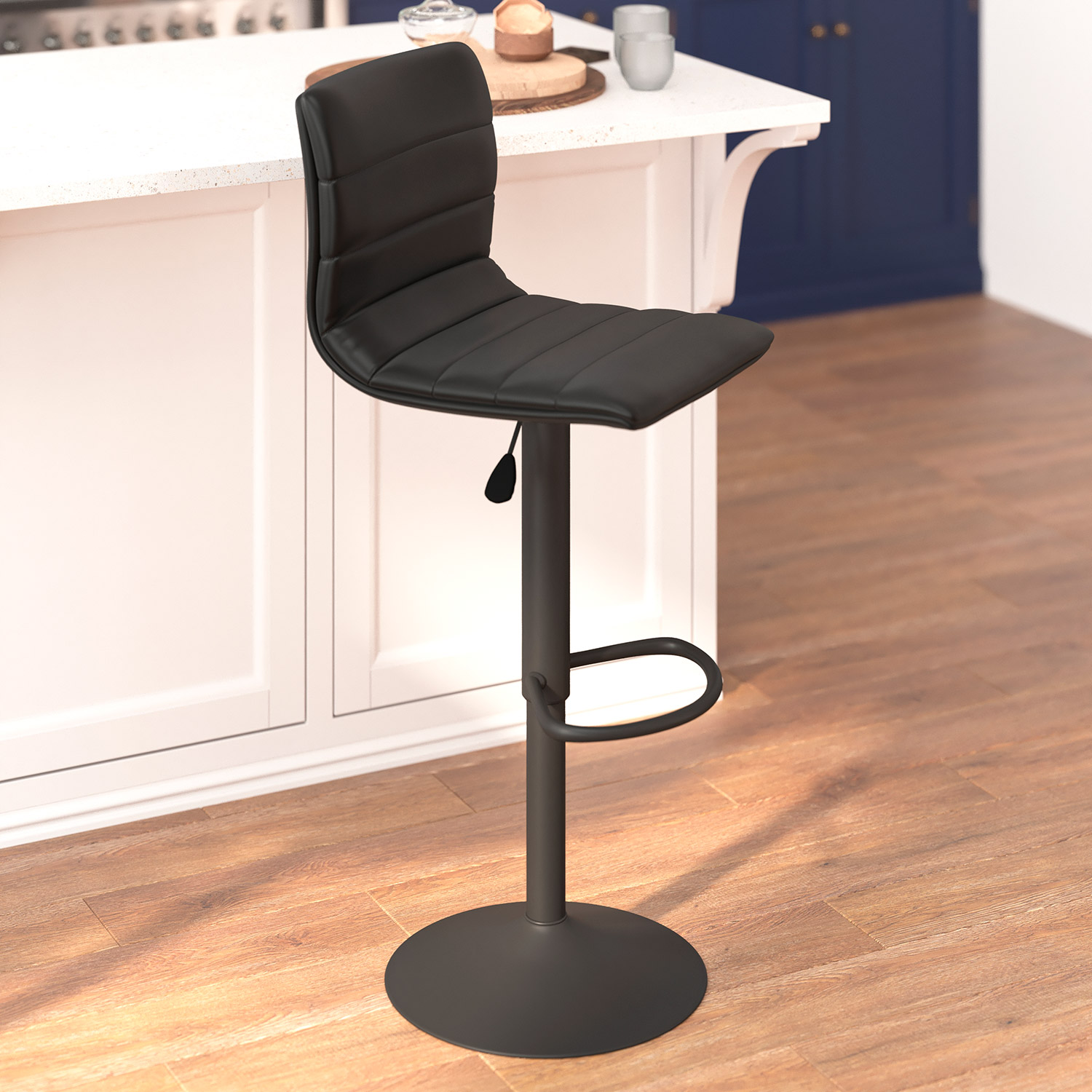 BLNK™ Vincent Vinyl Adjustable Swivel Bar Stool with Back, Black Pedestal Base and Footrest - Black