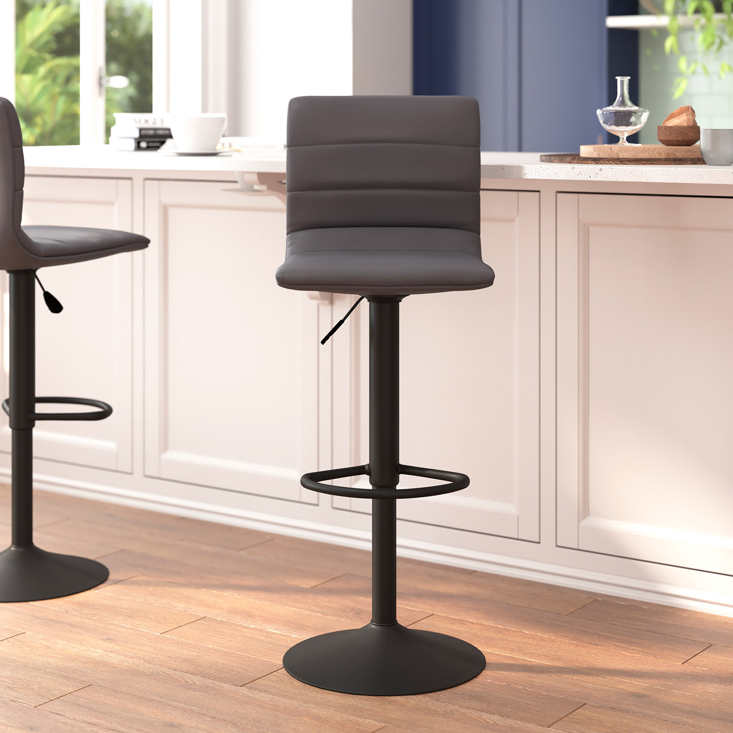 BLNK Vincent Vinyl Adjustable Swivel Bar Stool with Back, Black Pedestal Base and Footrest