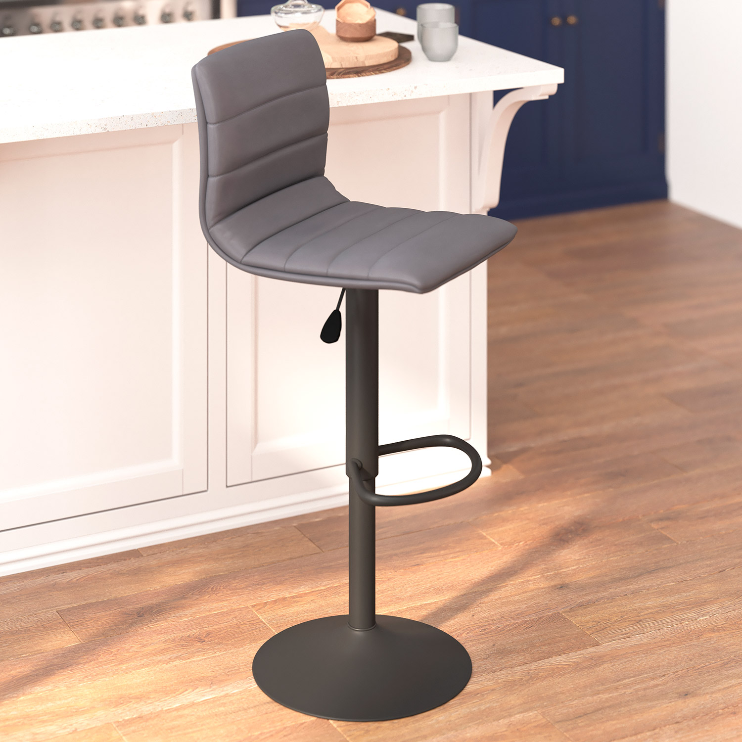 BLNK™ Vincent Vinyl Adjustable Swivel Bar Stool with Back, Black Pedestal Base and Footrest - Gray