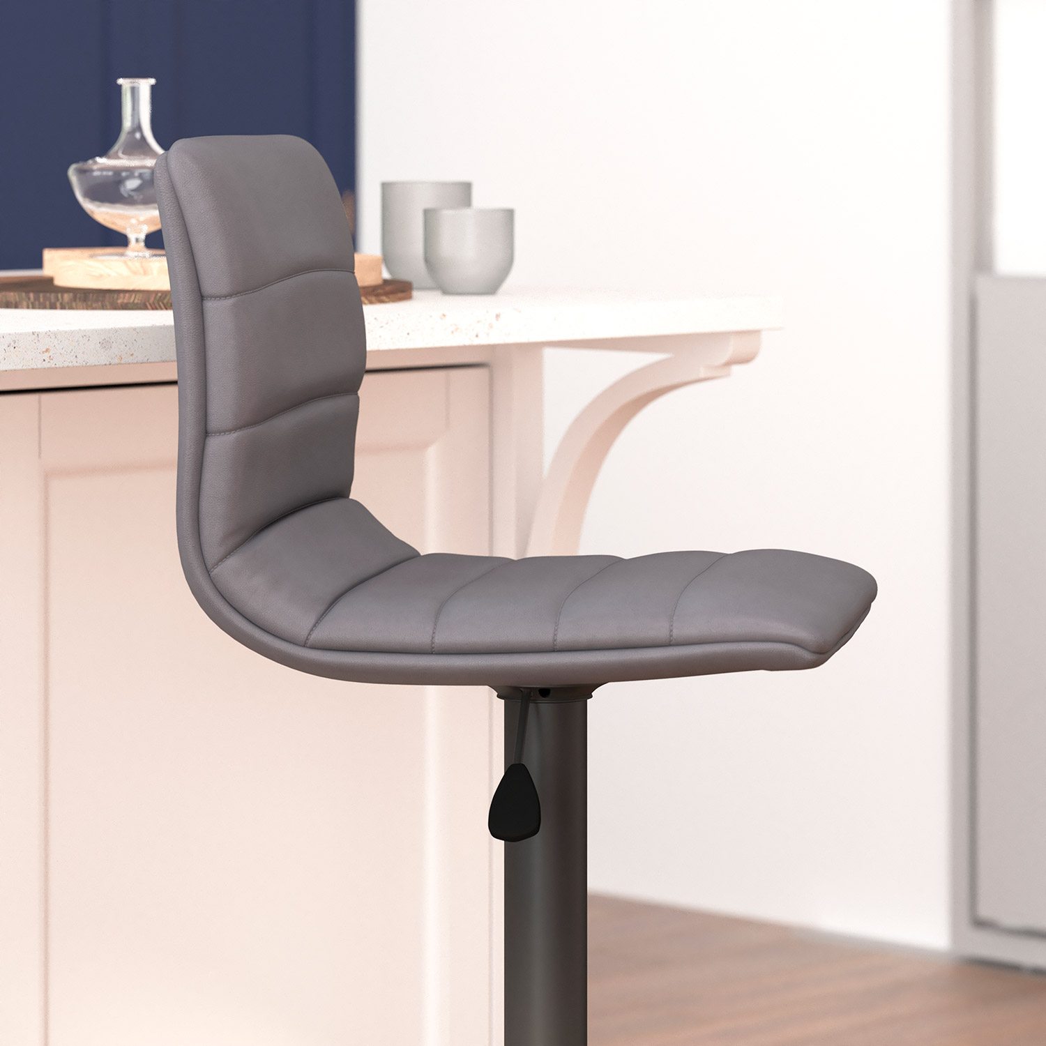 BLNK™ Vincent Vinyl Adjustable Swivel Bar Stool with Back, Black Pedestal Base and Footrest - Gray