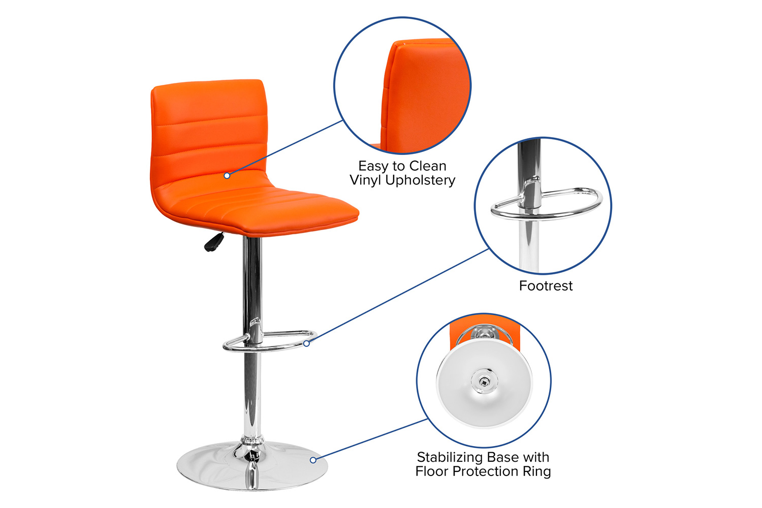 BLNK Vincent Vinyl Adjustable Swivel Bar Stool with Back, Chrome Pedestal Base and Footrest - Orange