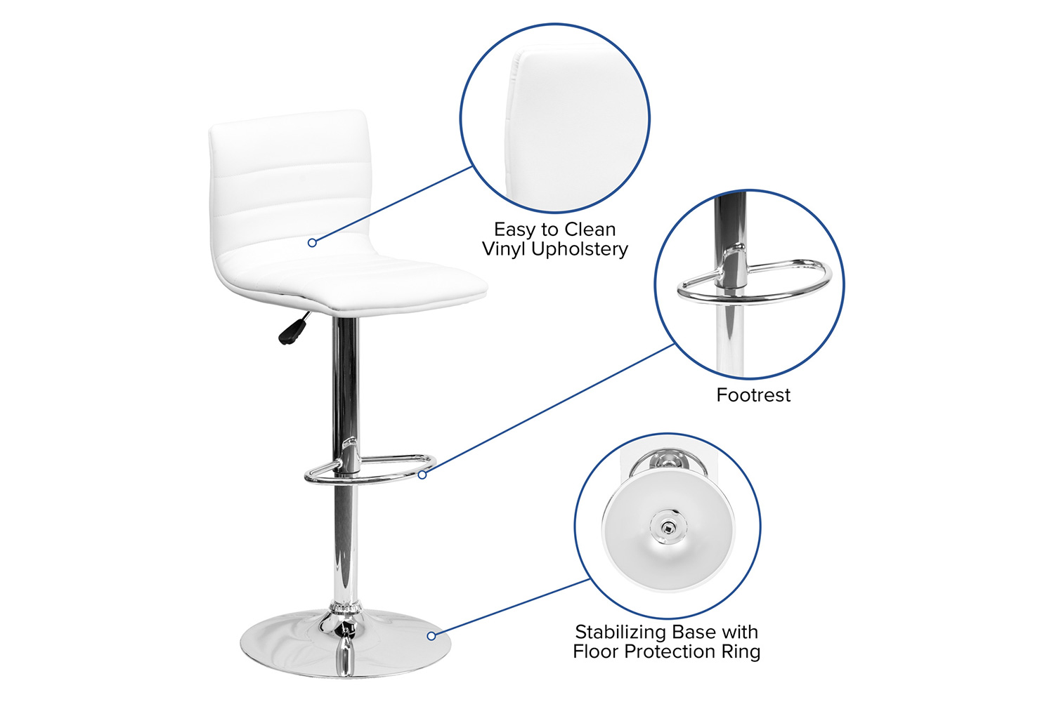 BLNK Vincent Vinyl Adjustable Swivel Bar Stool with Back, Chrome Pedestal Base and Footrest - White