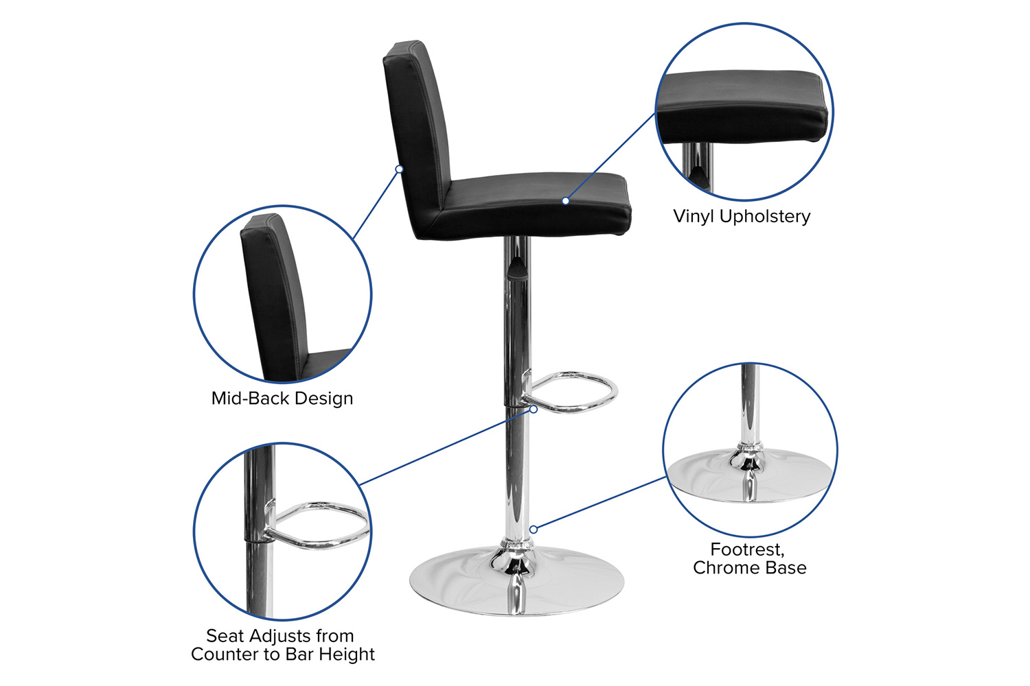 BLNK Betty Vinyl Adjustable Height Bar Stool with Panel Back and Chrome Base - Black