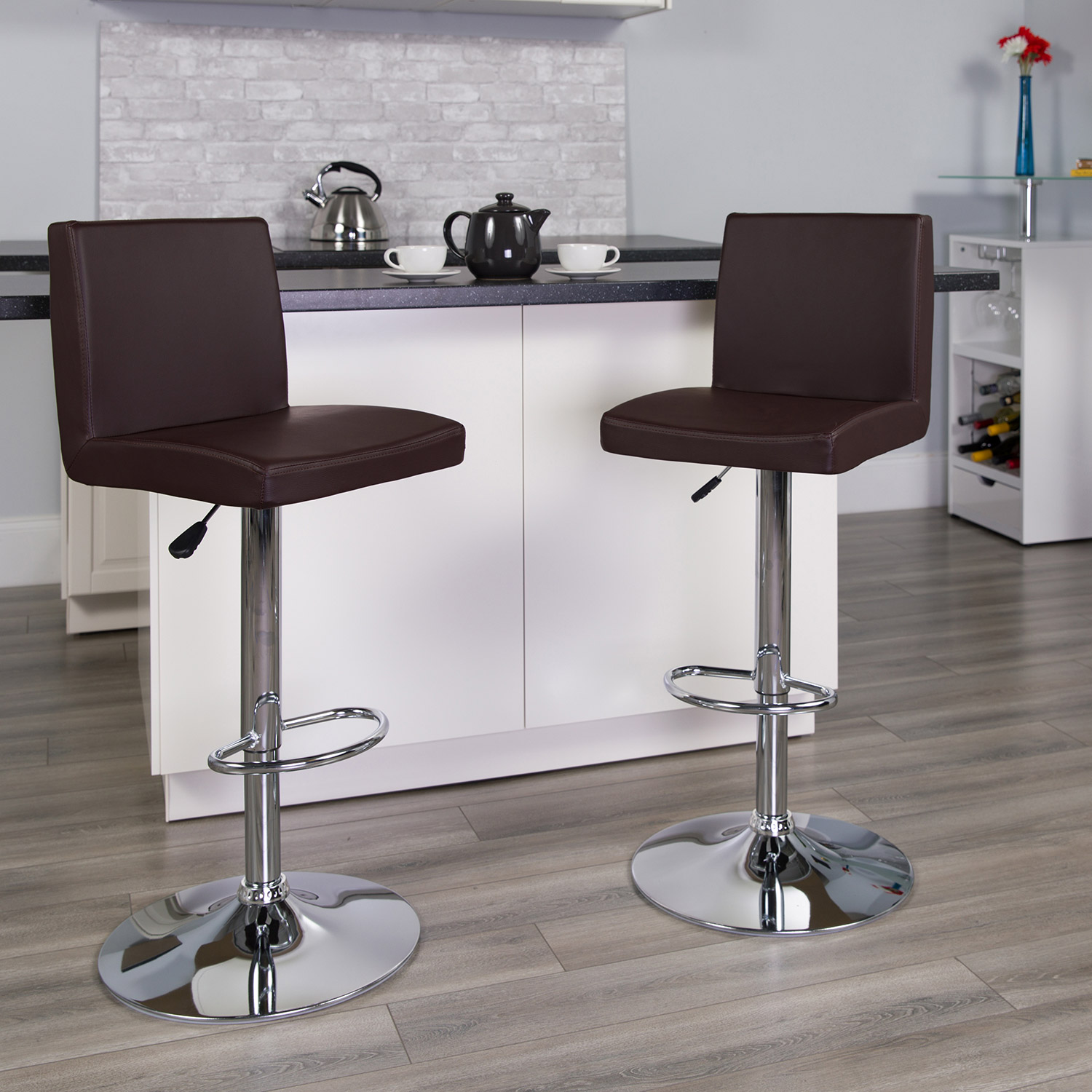 BLNK Contemporary Vinyl Adjustable Height Bar Stool with Panel Back and Chrome Base