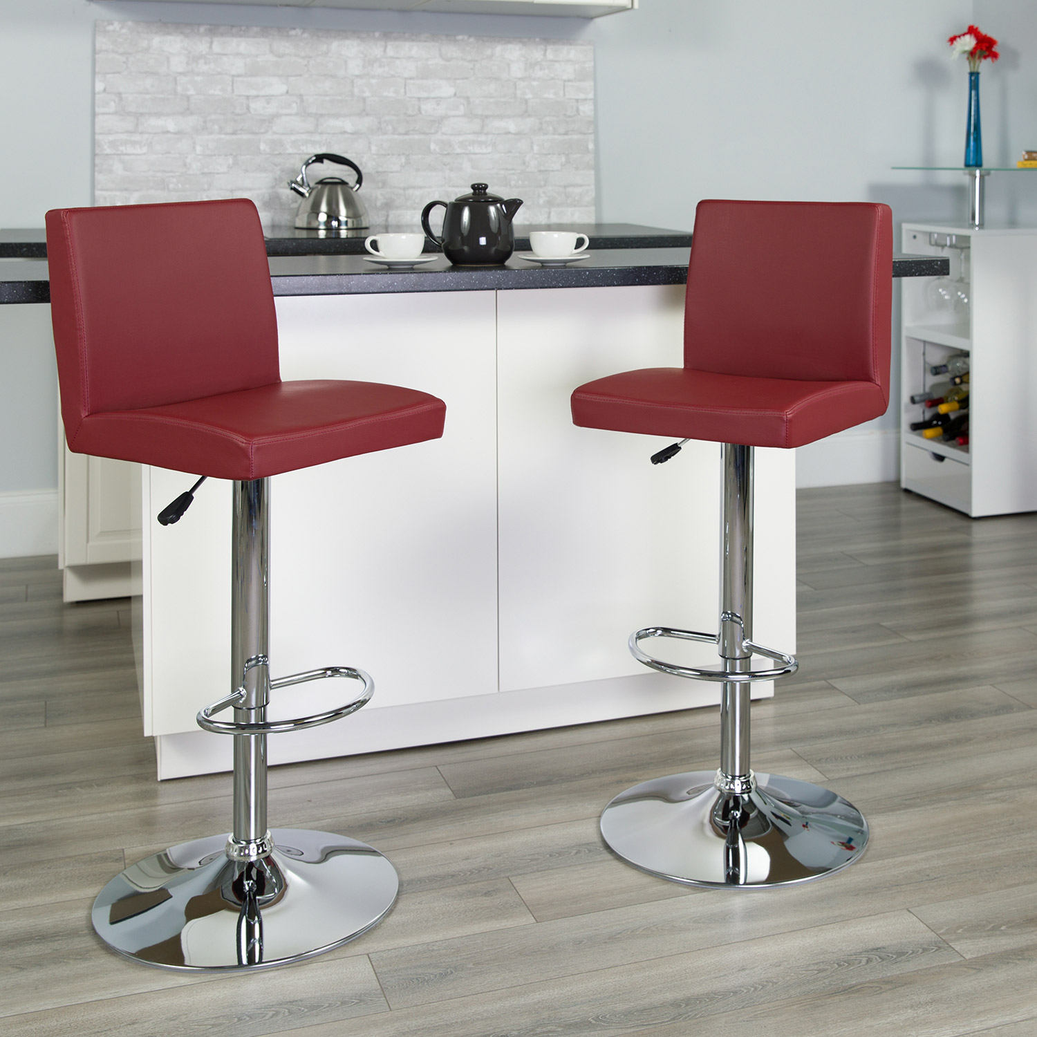 BLNK Betty Vinyl Adjustable Height Bar Stool with Panel Back and Chrome Base