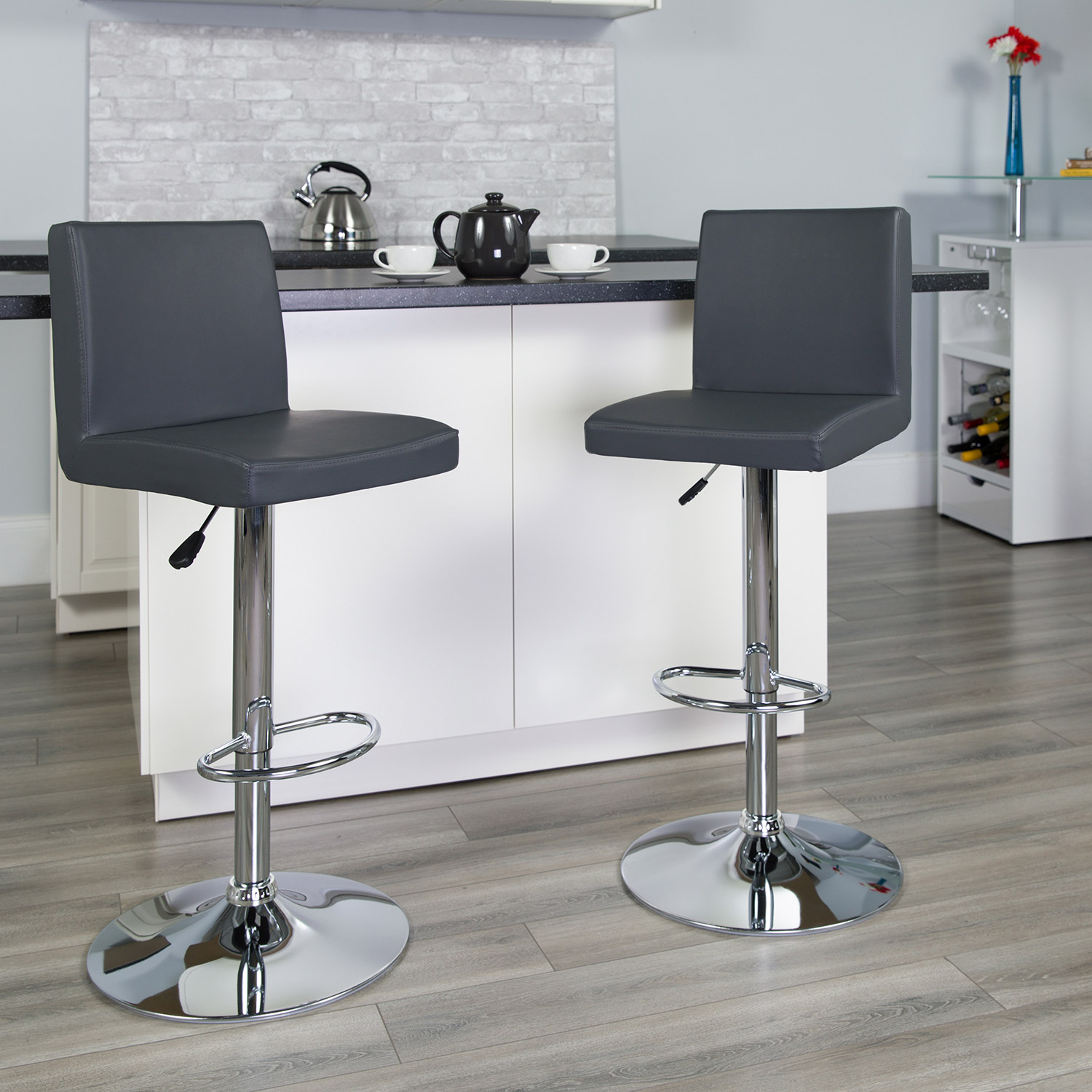 BLNK Betty Vinyl Adjustable Height Bar Stool with Panel Back and Chrome Base