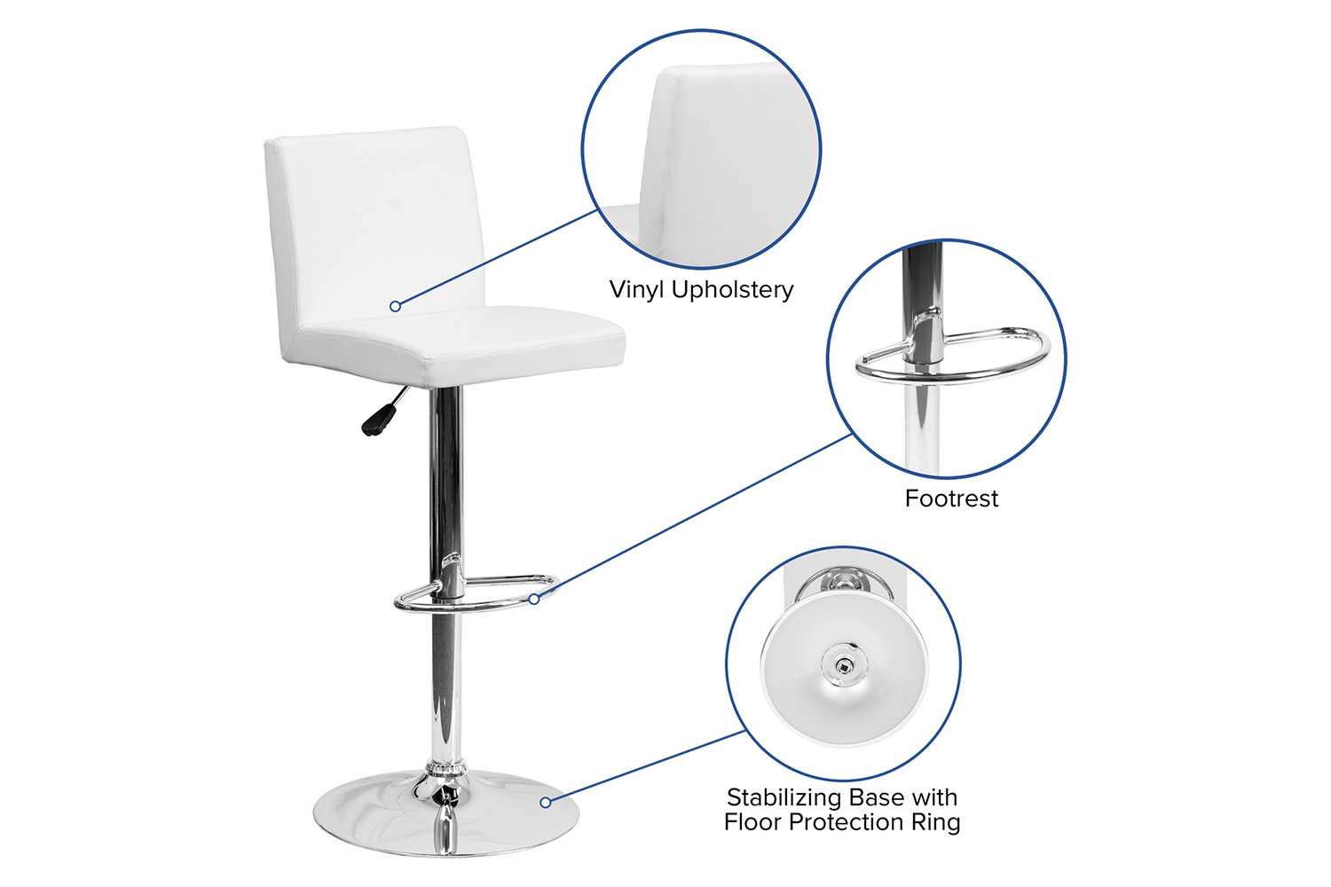 BLNK Betty Vinyl Adjustable Height Bar Stool with Panel Back and Chrome Base - White