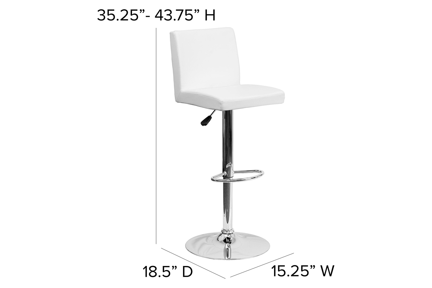 BLNK Betty Vinyl Adjustable Height Bar Stool with Panel Back and Chrome Base - White