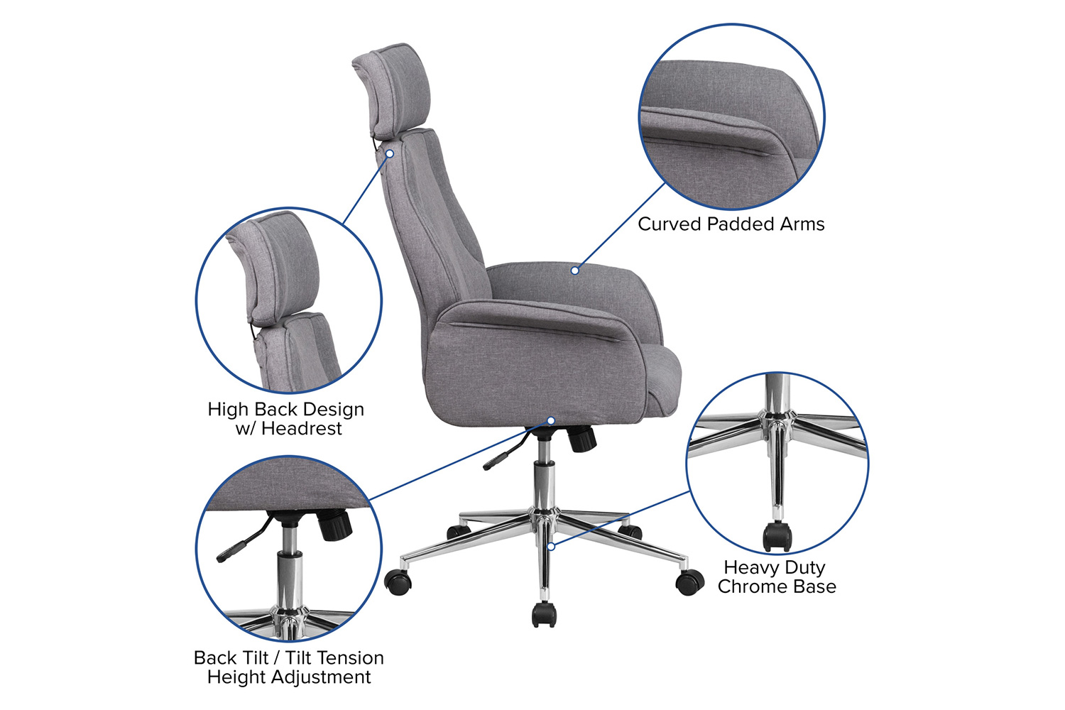 BLNK - Fabric High Back Executive Swivel Office Chair with Chrome Base and Fully Upholstered Arms