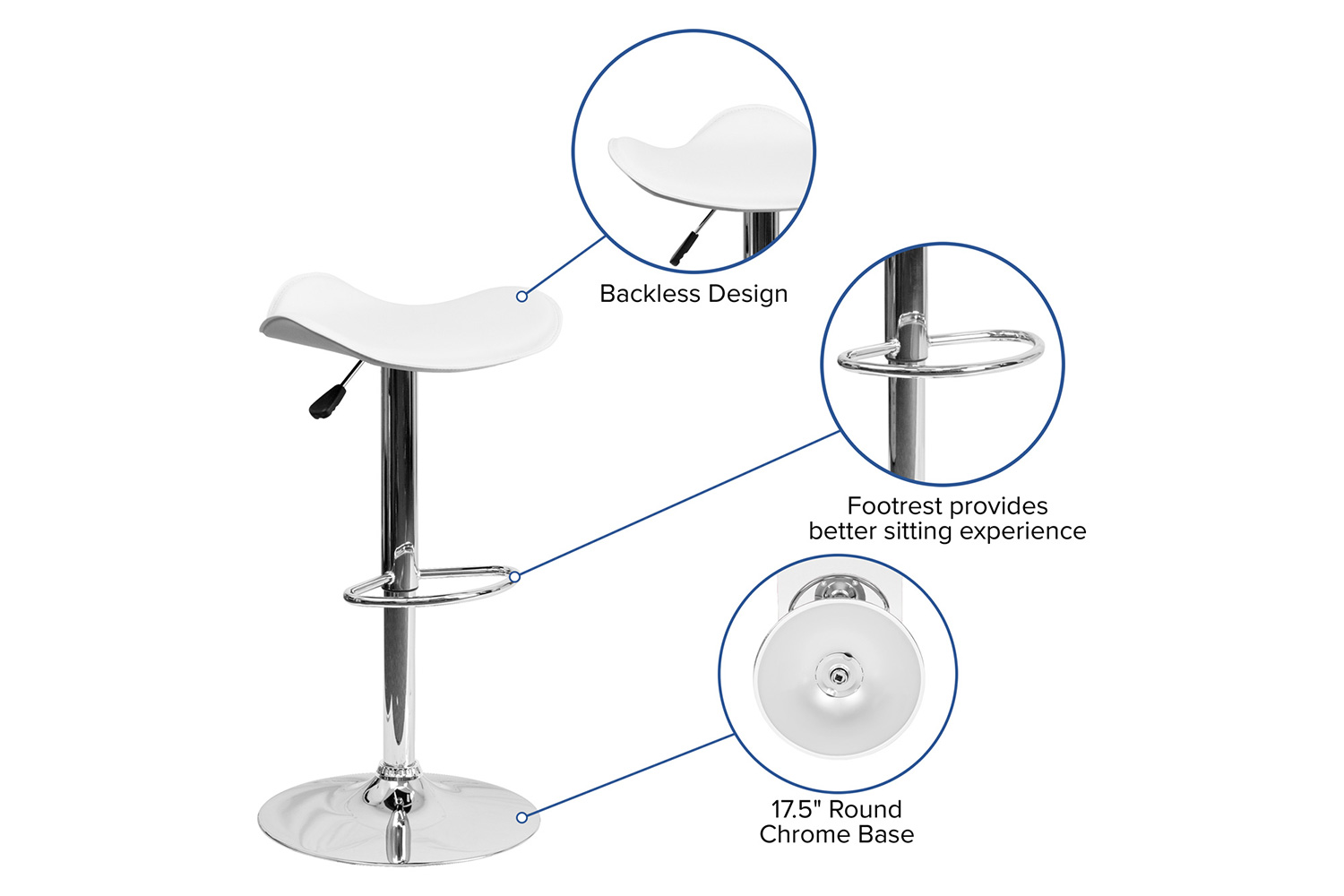 BLNK Caleb Vinyl Adjustable Height Bar Stool with Wavy Seat and Chrome Base - White