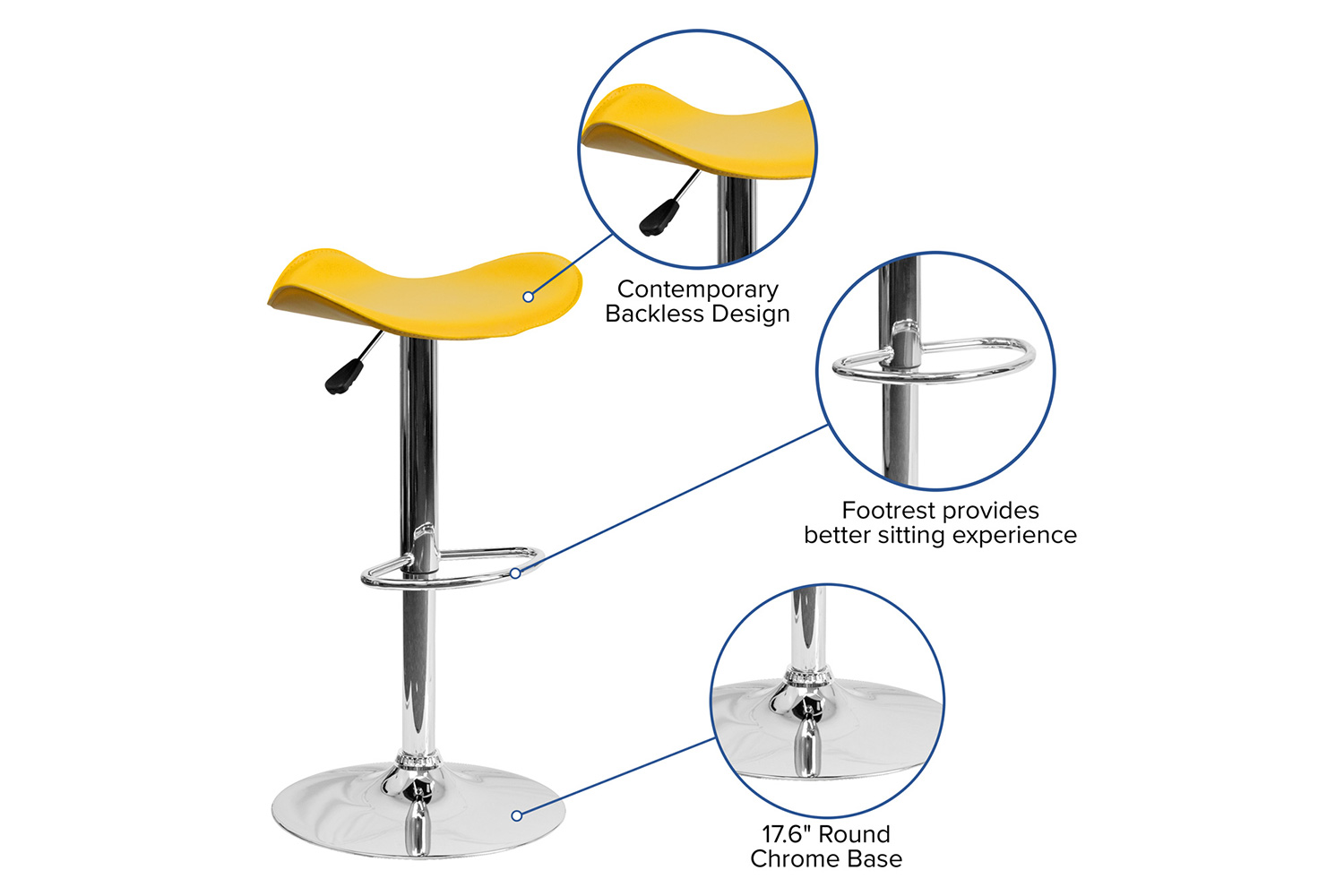 BLNK Caleb Vinyl Adjustable Height Bar Stool with Wavy Seat and Chrome Base - Yellow