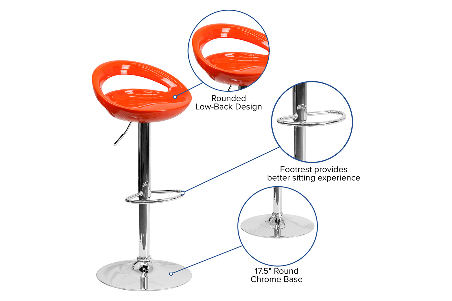 BLNK™ Dash Plastic Adjustable Height Bar Stool with Rounded Cutout Back and Chrome Base - Orange