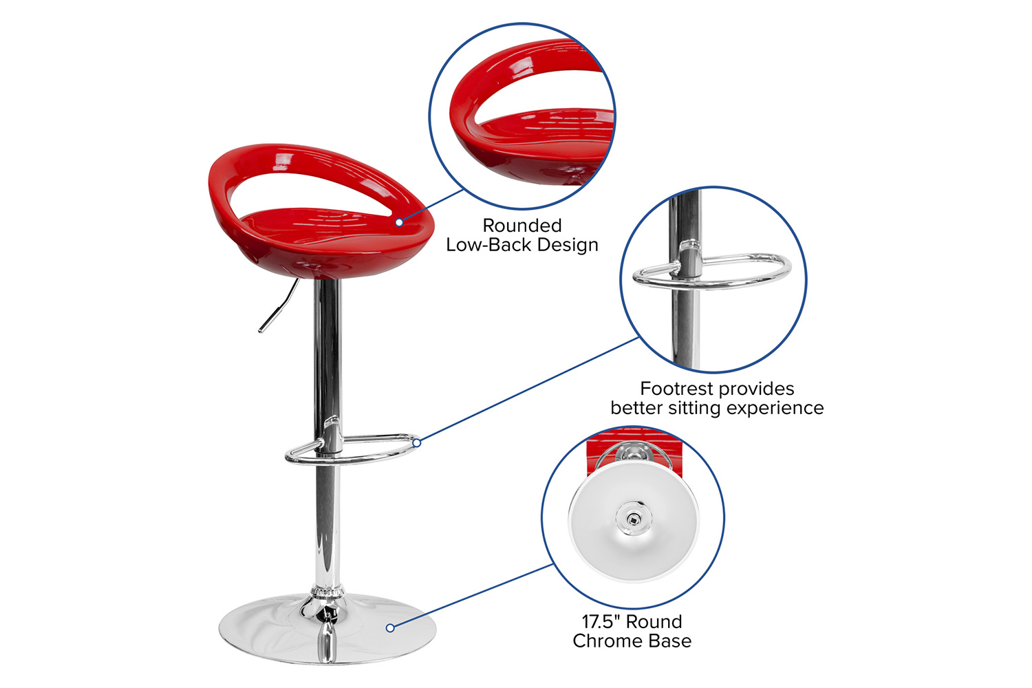 BLNK™ Dash Plastic Adjustable Height Bar Stool with Rounded Cutout Back and Chrome Base - Red