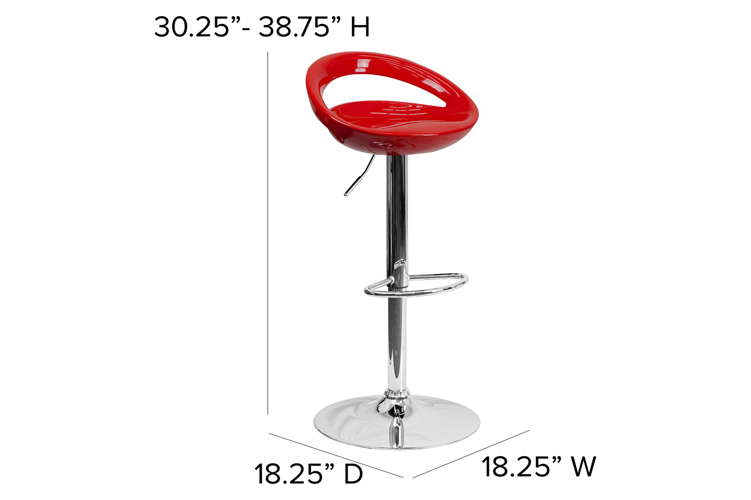 BLNK™ Dash Plastic Adjustable Height Bar Stool with Rounded Cutout Back and Chrome Base - Red