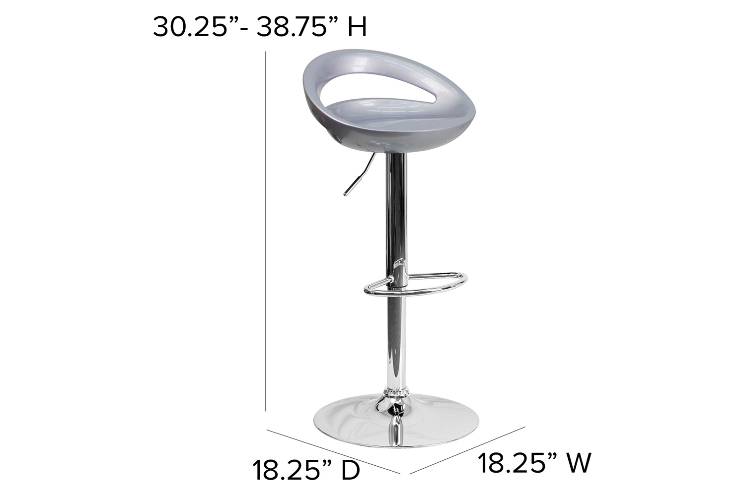 BLNK Dash Plastic Adjustable Height Bar Stool with Rounded Cutout Back and Chrome Base - Silver