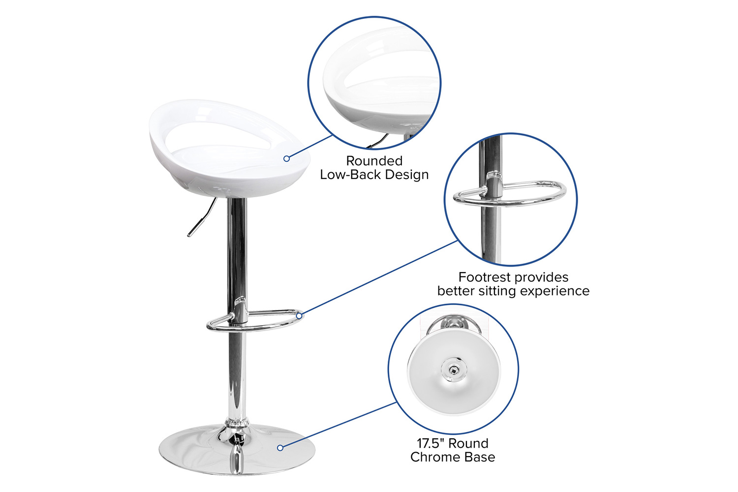 BLNK Dash Plastic Adjustable Height Bar Stool with Rounded Cutout Back and Chrome Base - White