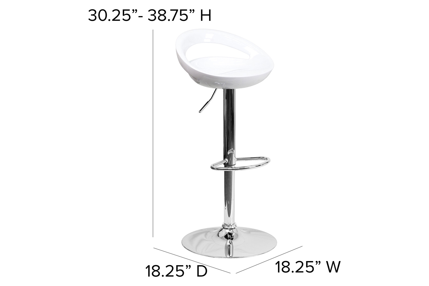 BLNK Dash Plastic Adjustable Height Bar Stool with Rounded Cutout Back and Chrome Base - White