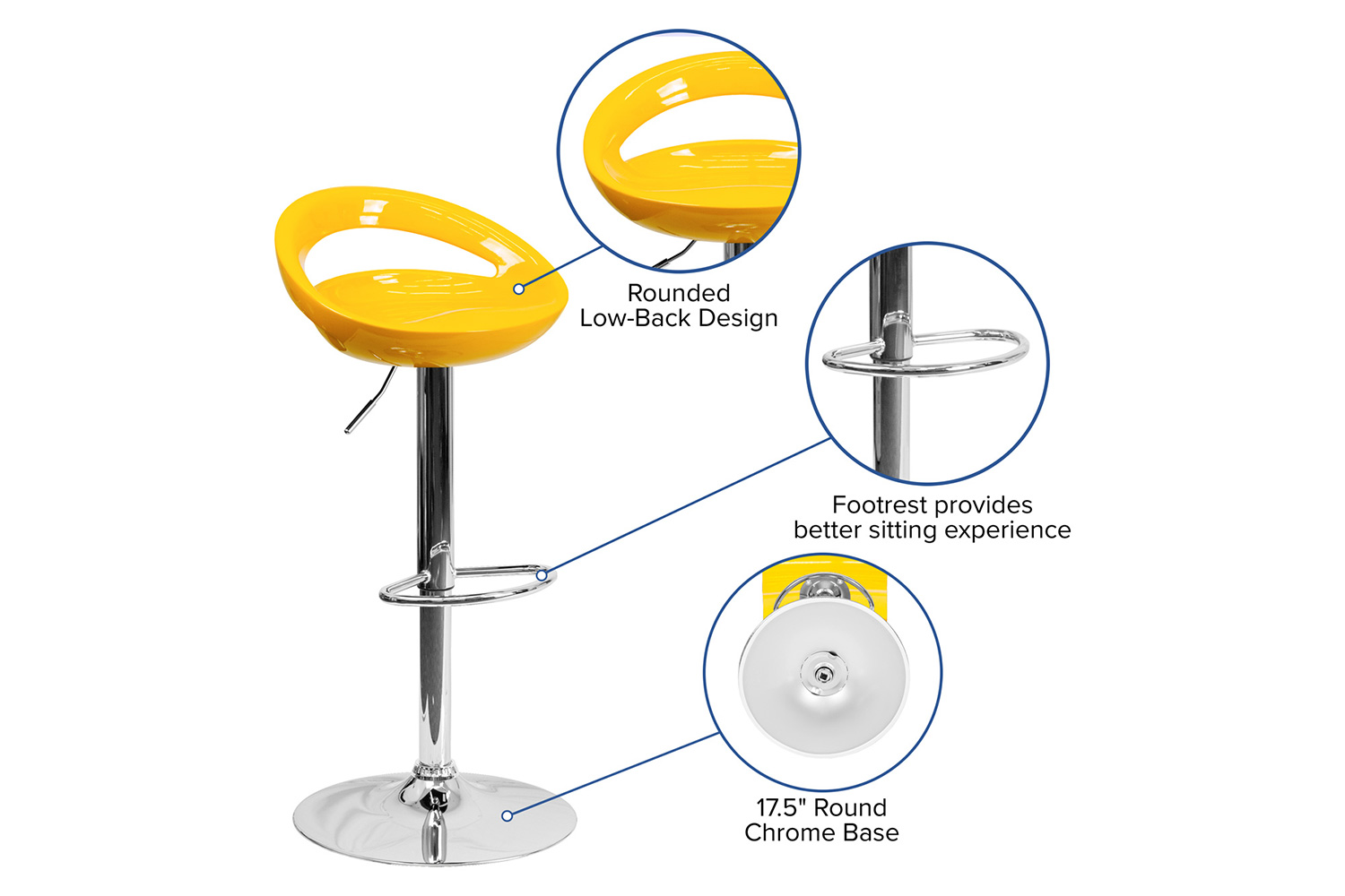 BLNK Dash Plastic Adjustable Height Bar Stool with Rounded Cutout Back and Chrome Base - Yellow