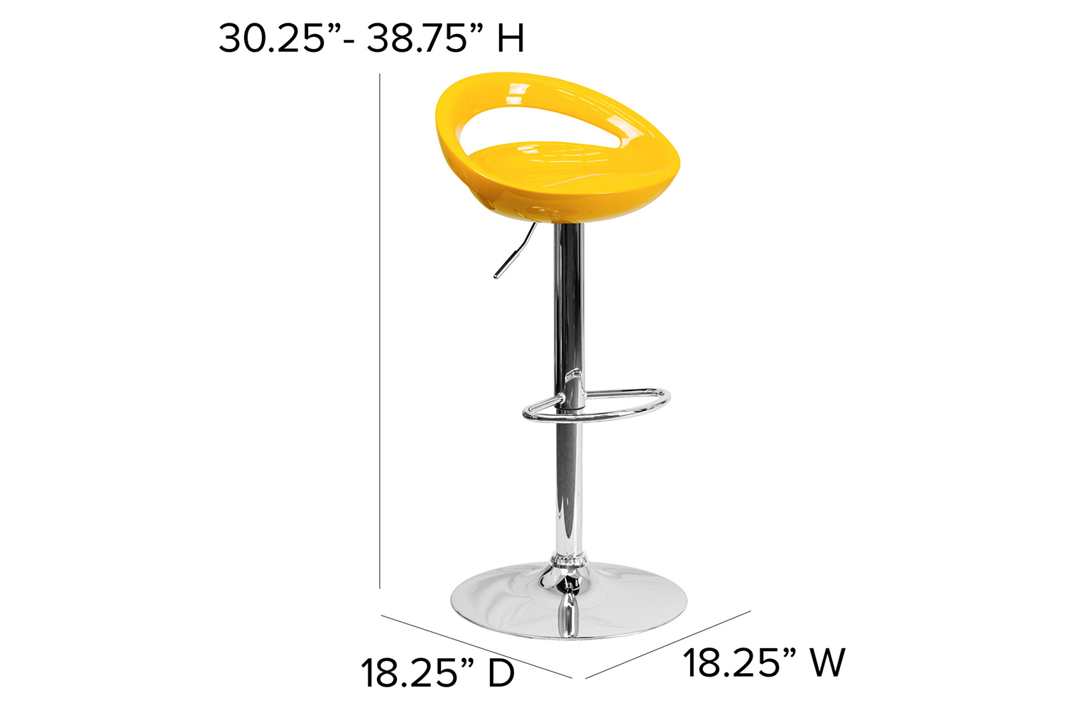 BLNK Dash Plastic Adjustable Height Bar Stool with Rounded Cutout Back and Chrome Base - Yellow