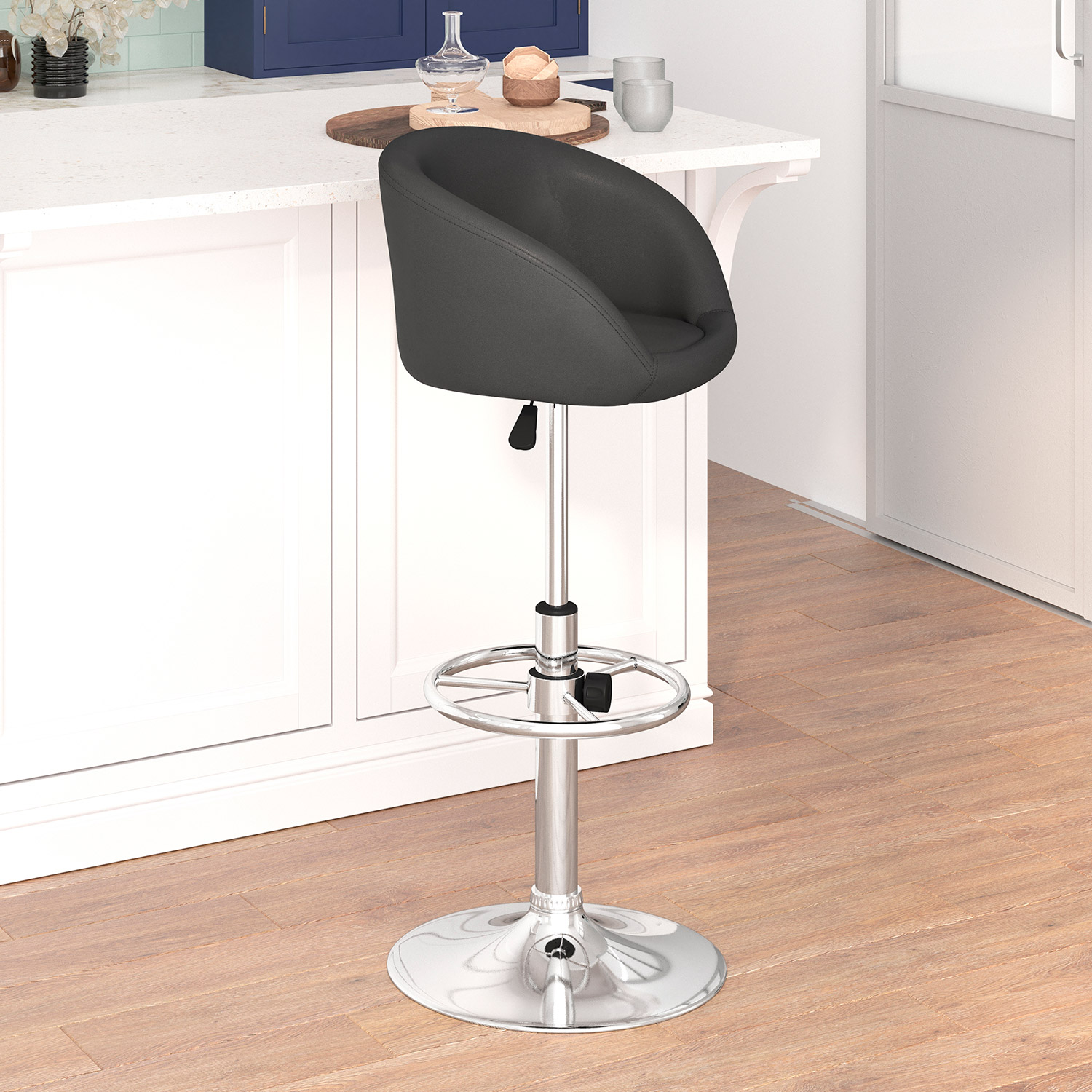 BLNK Luis Vinyl Adjustable Height Bar Stool with Barrel Back and Chrome Base