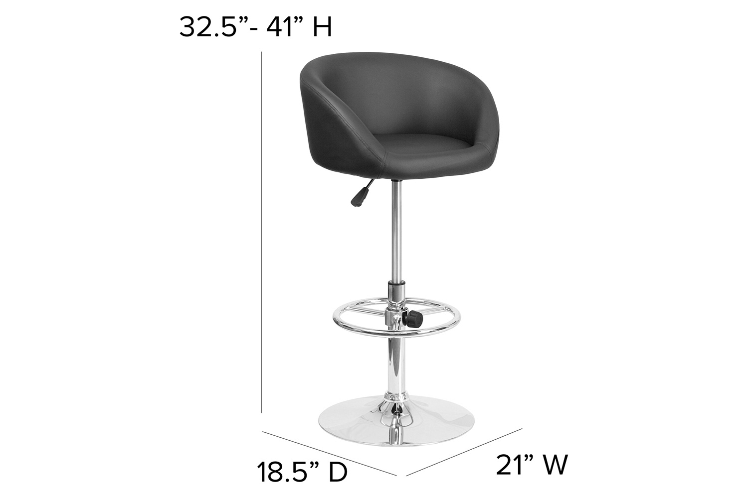 BLNK Luis Vinyl Adjustable Height Bar Stool with Barrel Back and Chrome Base - Black