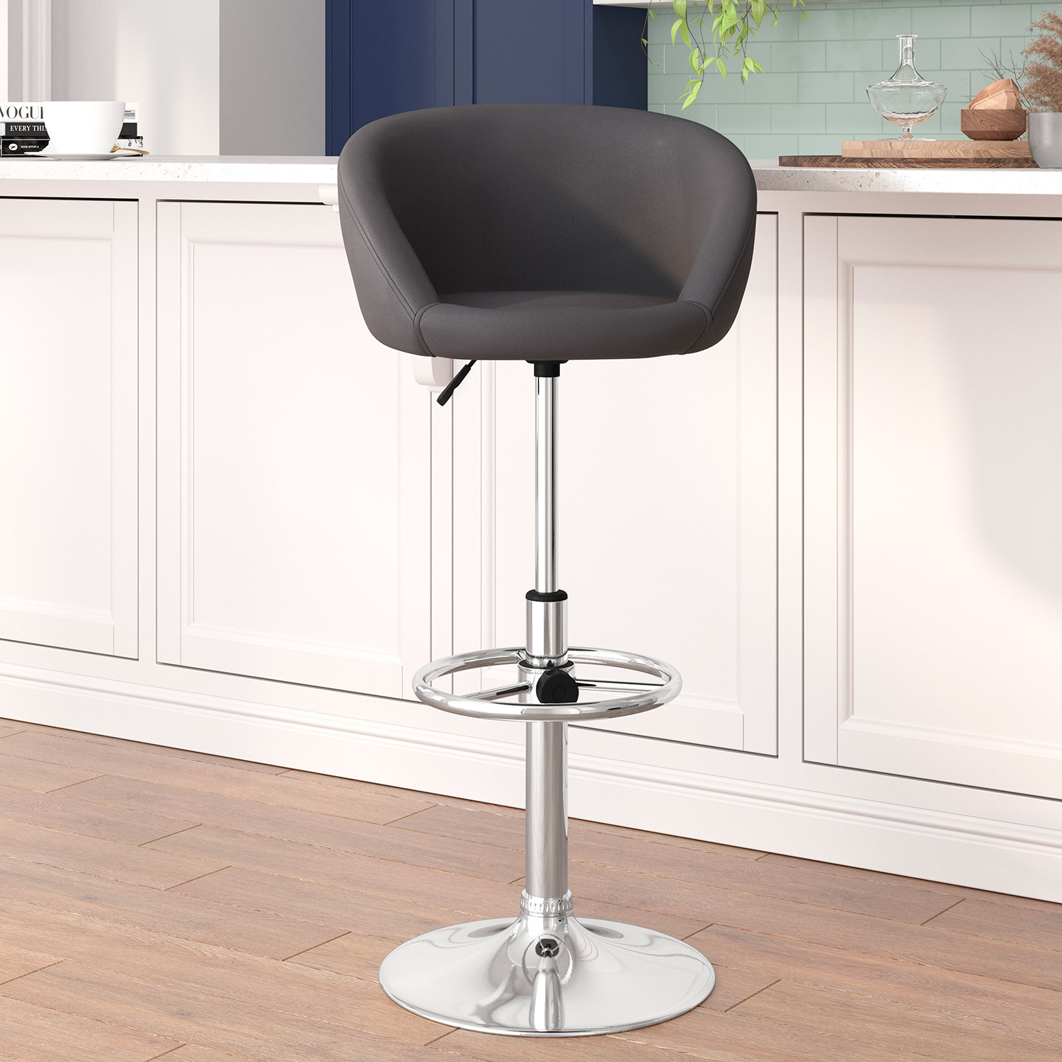 BLNK Luis Vinyl Adjustable Height Bar Stool with Barrel Back and Chrome Base