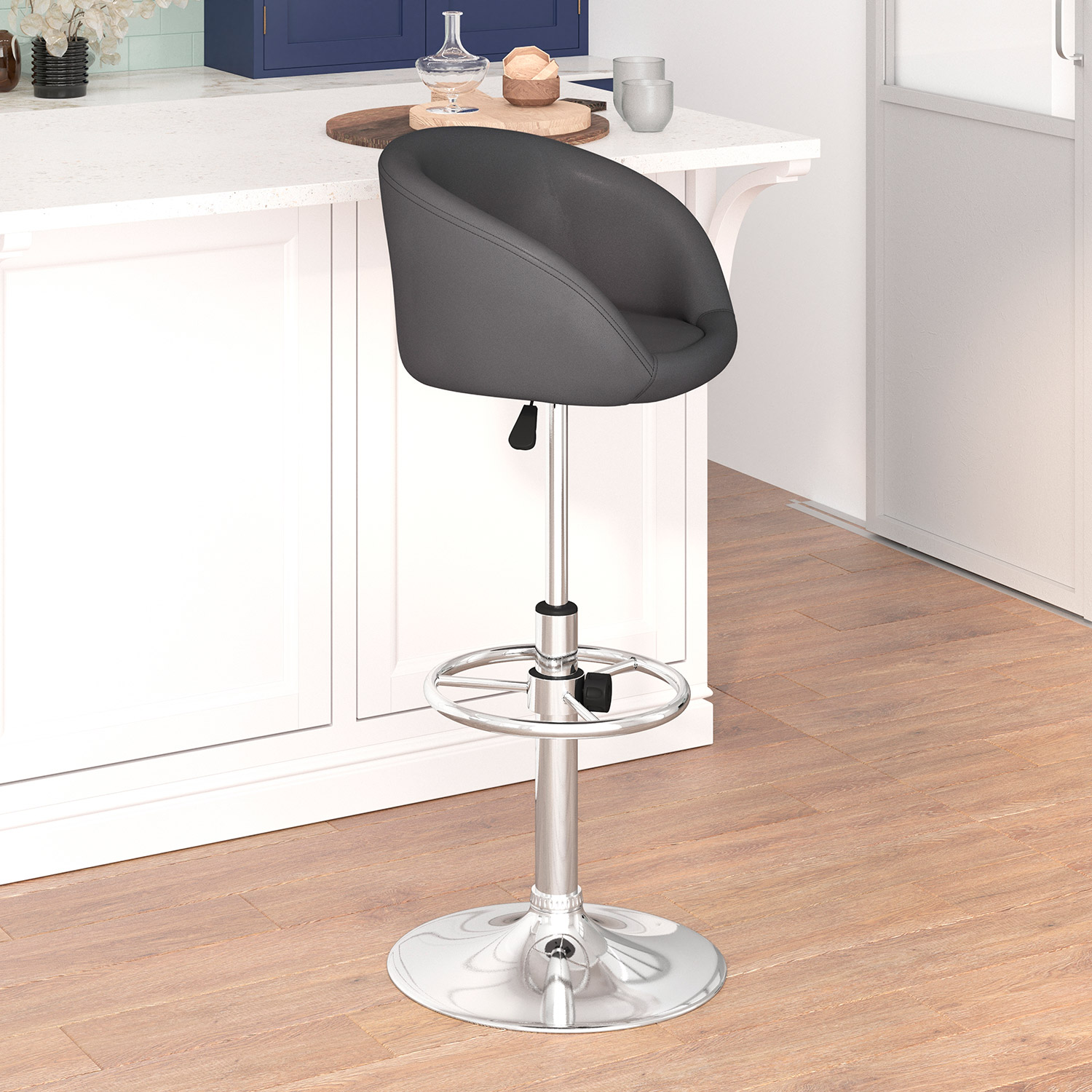 BLNK Luis Vinyl Adjustable Height Bar Stool with Barrel Back and Chrome Base - Gray