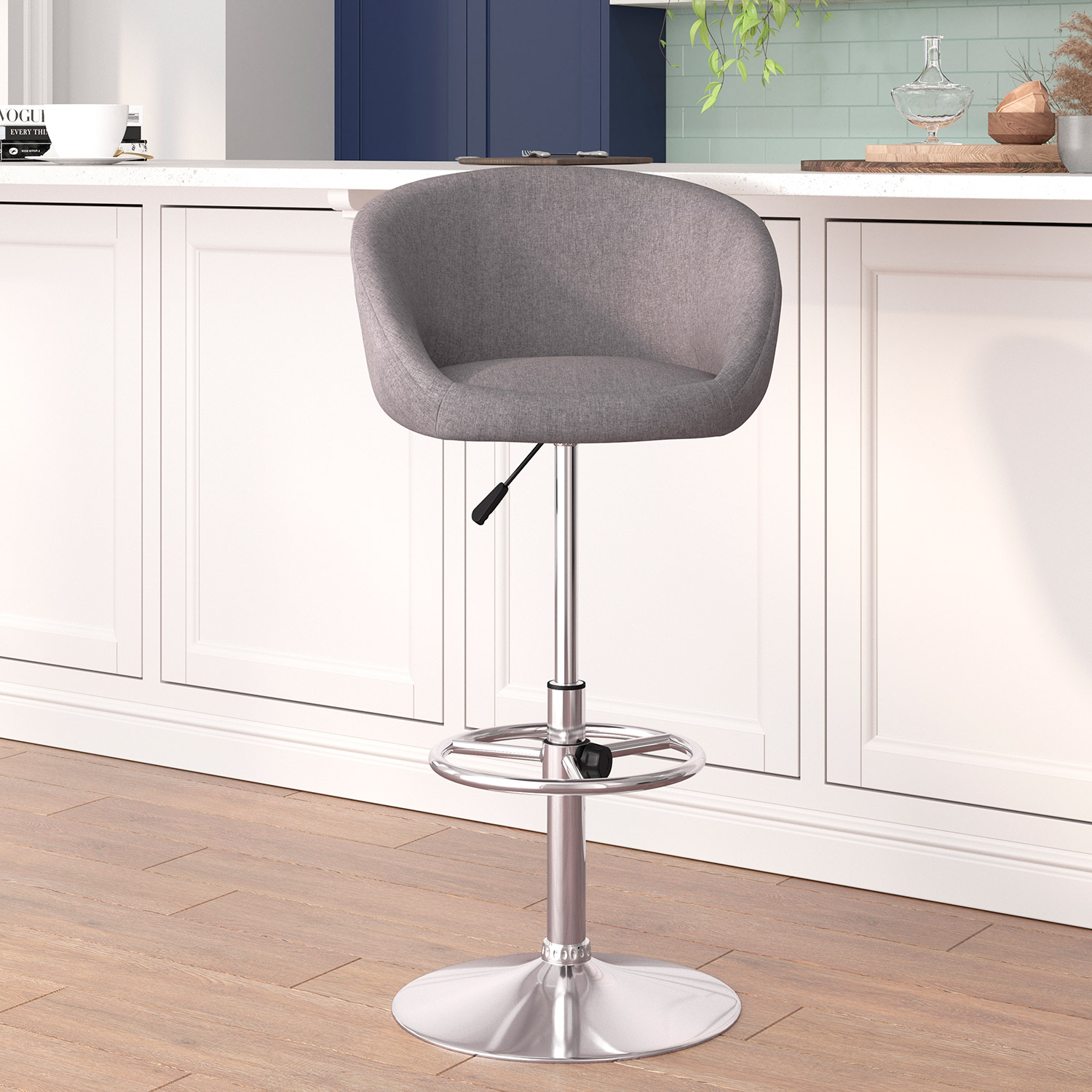 BLNK Luis Fabric Adjustable Height Bar Stool with Barrel Back and Chrome Base