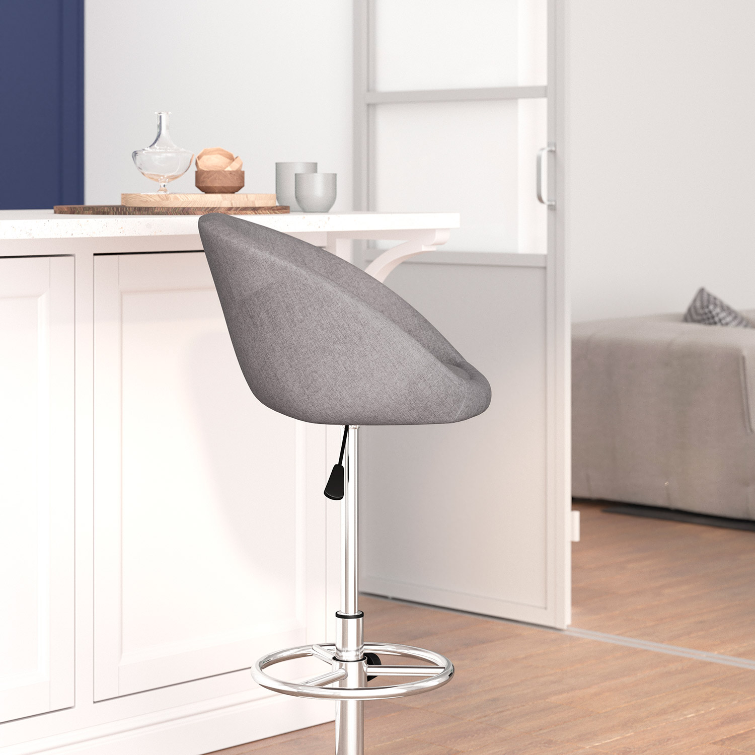 BLNK Luis Fabric Adjustable Height Bar Stool with Barrel Back and Chrome Base - Gray