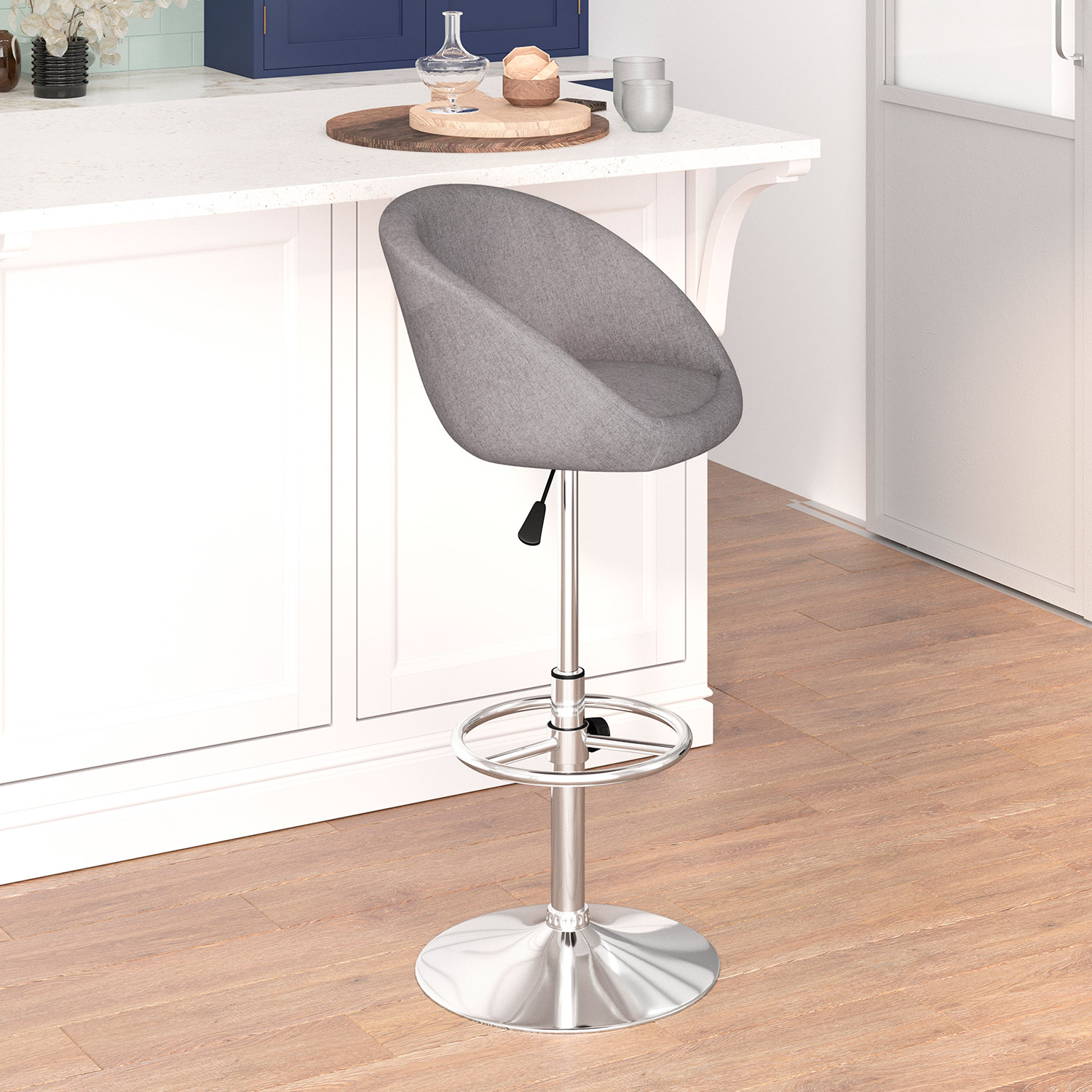 BLNK Luis Fabric Adjustable Height Bar Stool with Barrel Back and Chrome Base - Gray