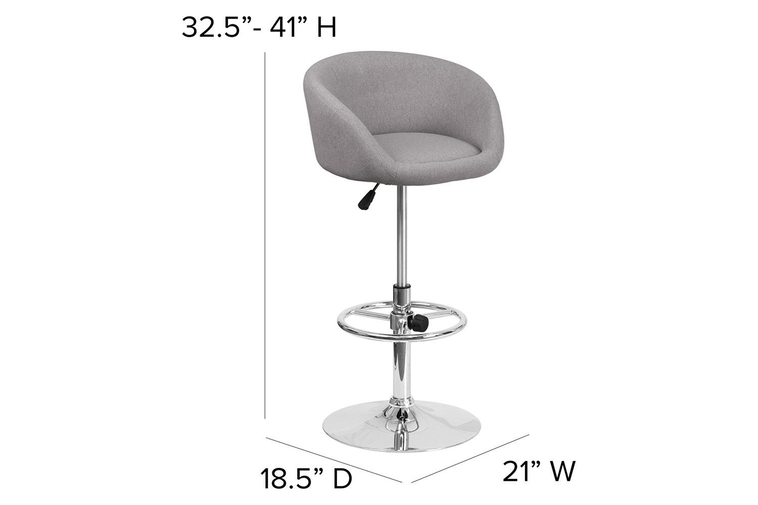 BLNK Luis Fabric Adjustable Height Bar Stool with Barrel Back and Chrome Base - Gray