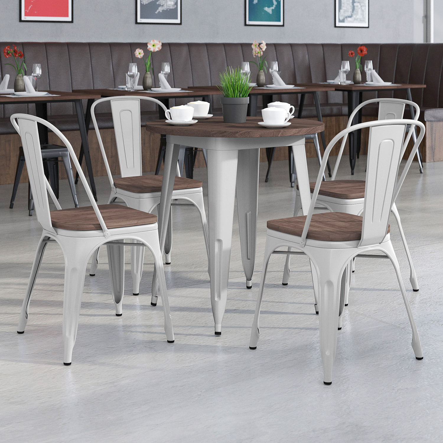 BLNK Bailey Round Metal Table Set with Wood Top and 4 Stack Chairs