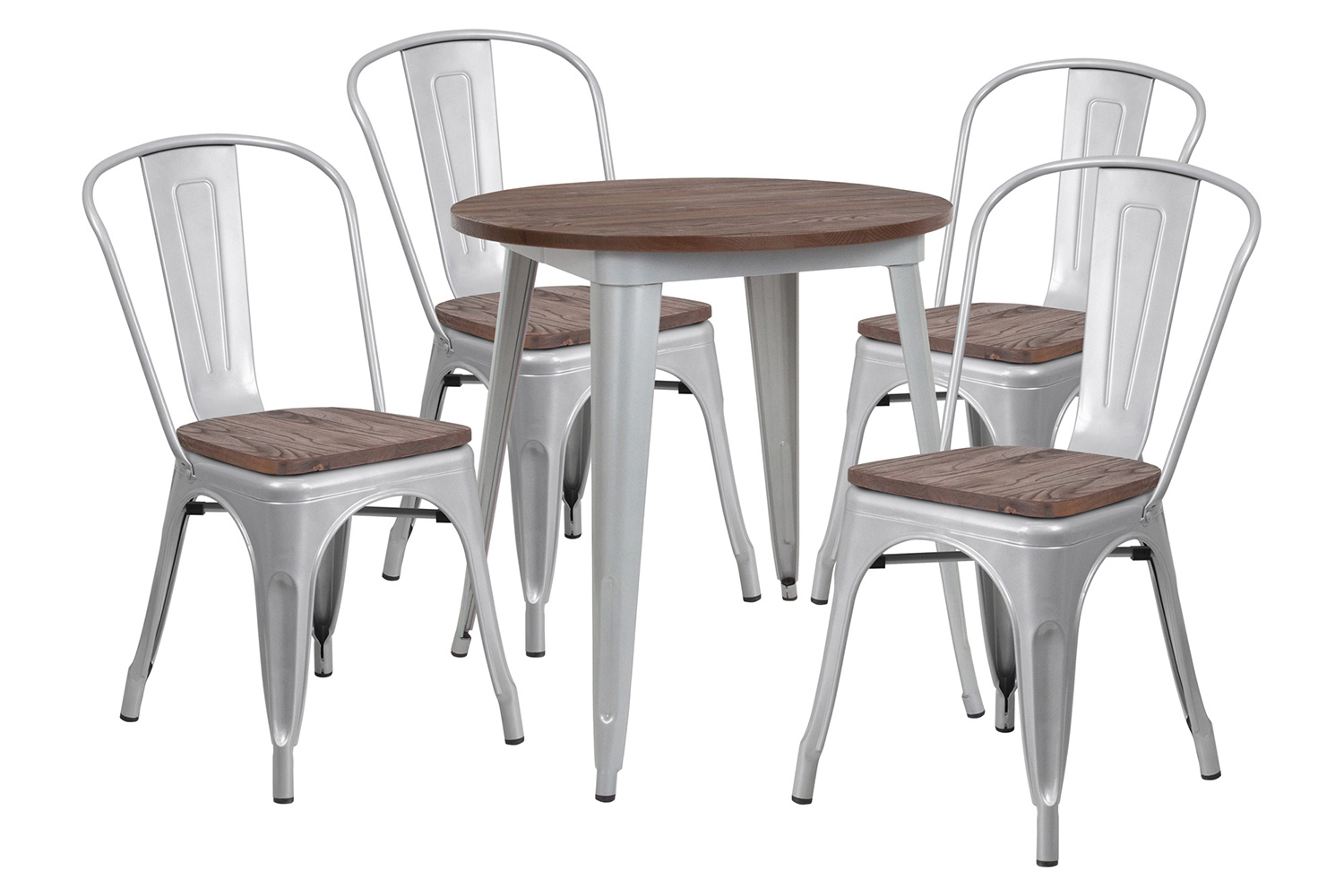 BLNK™ Bailey Round Metal Table Set with Wood Top and 4 Stack Chairs - Silver