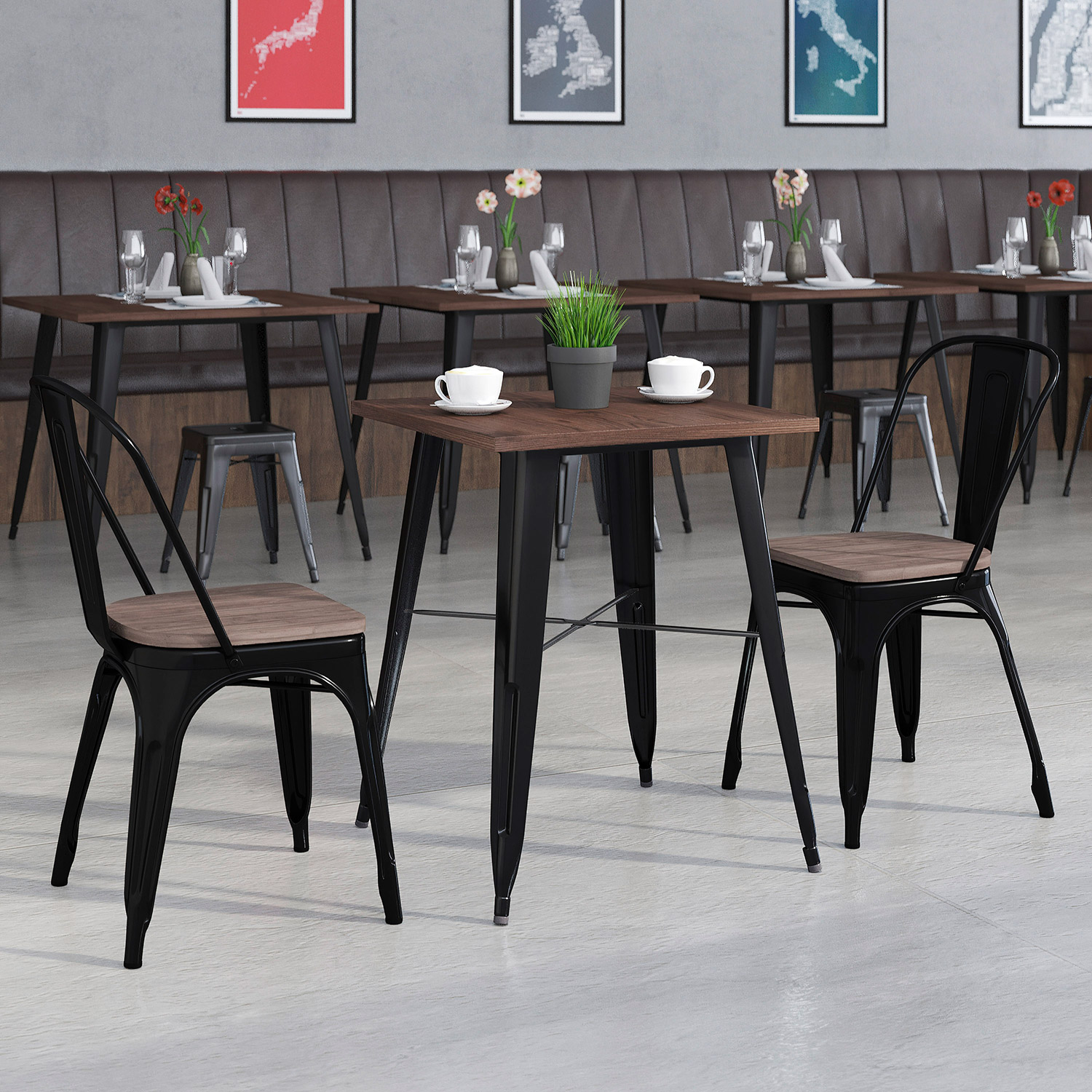 BLNK Bailey Square Metal Table Set with Wood Top and 2 Stack Chairs