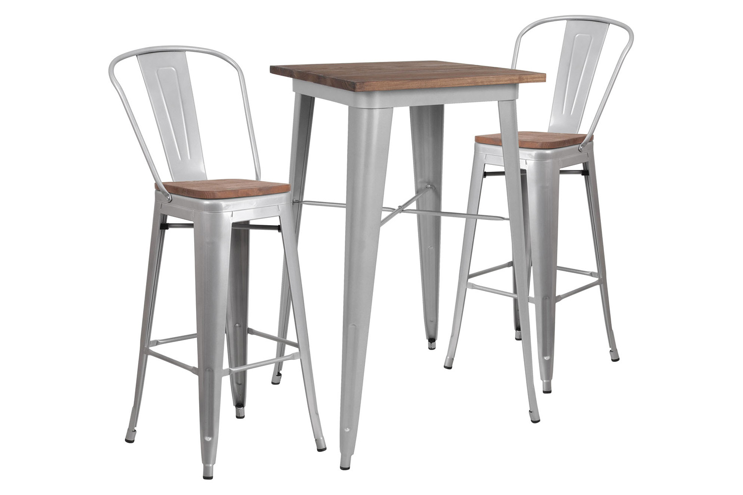 BLNK Bailey Square Metal Bar Table Set with Wood Top and 2 Stools