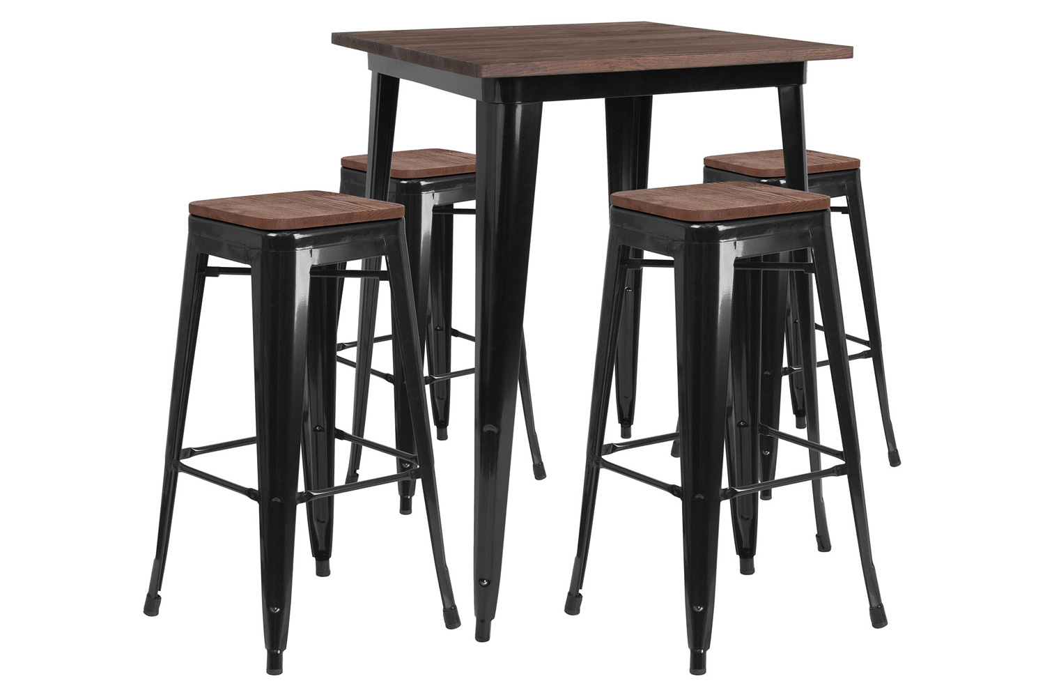 BLNK Bailey Square Metal Bar Table Set with Wood Top and 4 Backless Stools